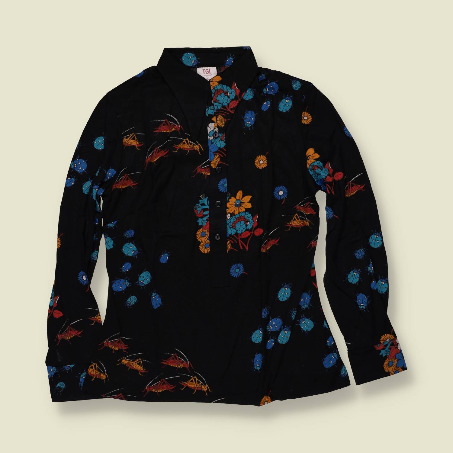 1970s | TGL | Deadstock Insect Print Blouse | Black & Blue - 10
