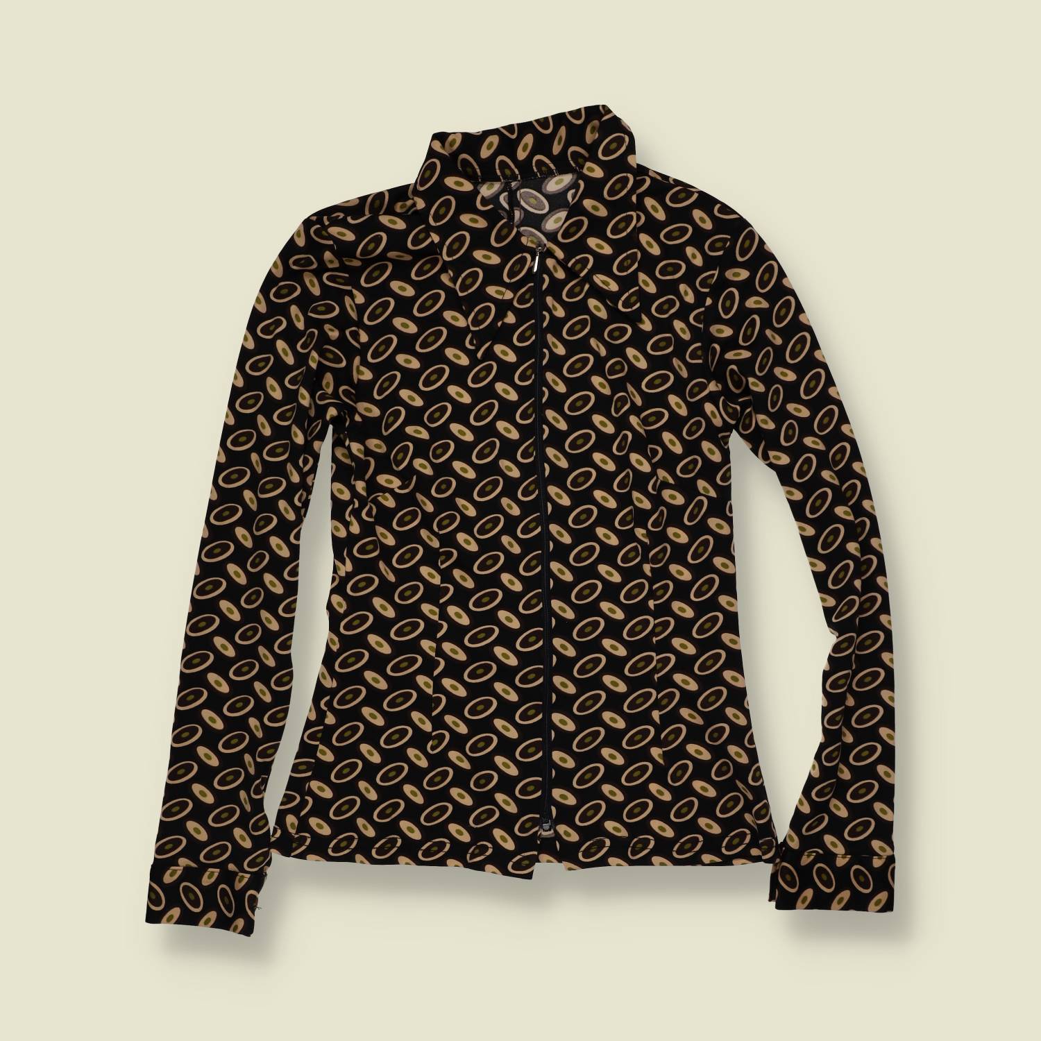 1990s | Geometric Print Zip Blouse | Black & Cream - 2