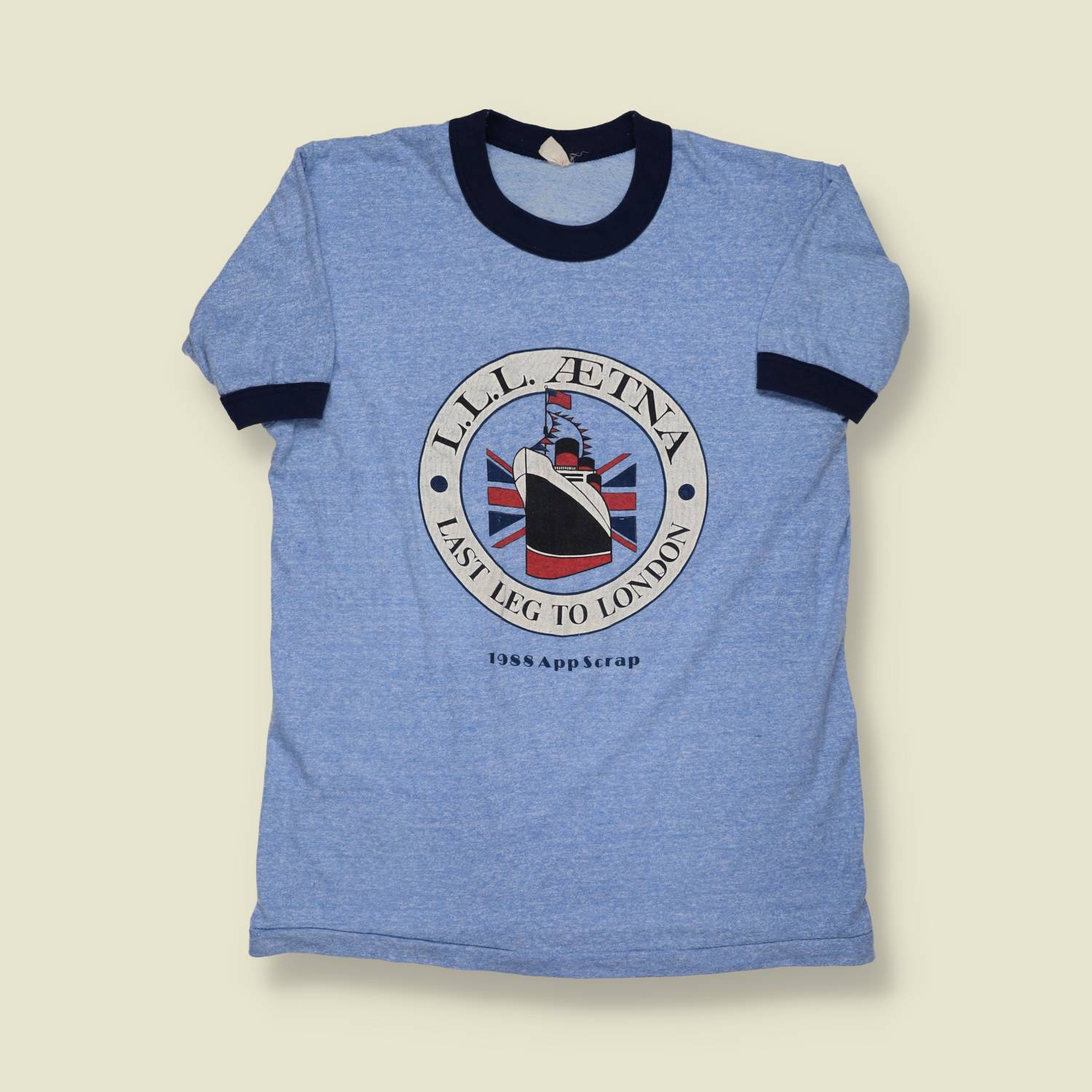 1980s | Unbranded | Ringer T-Shirt – L.L.L. Ætna “Last Leg to London” - XS/S