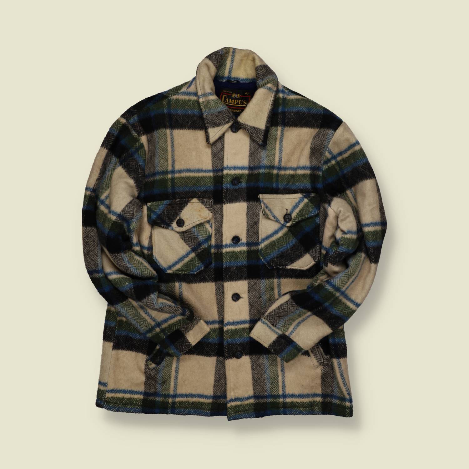 1970s | Campus | Wool Plaid Hunting Jacket – Cream/Green/Blue - S