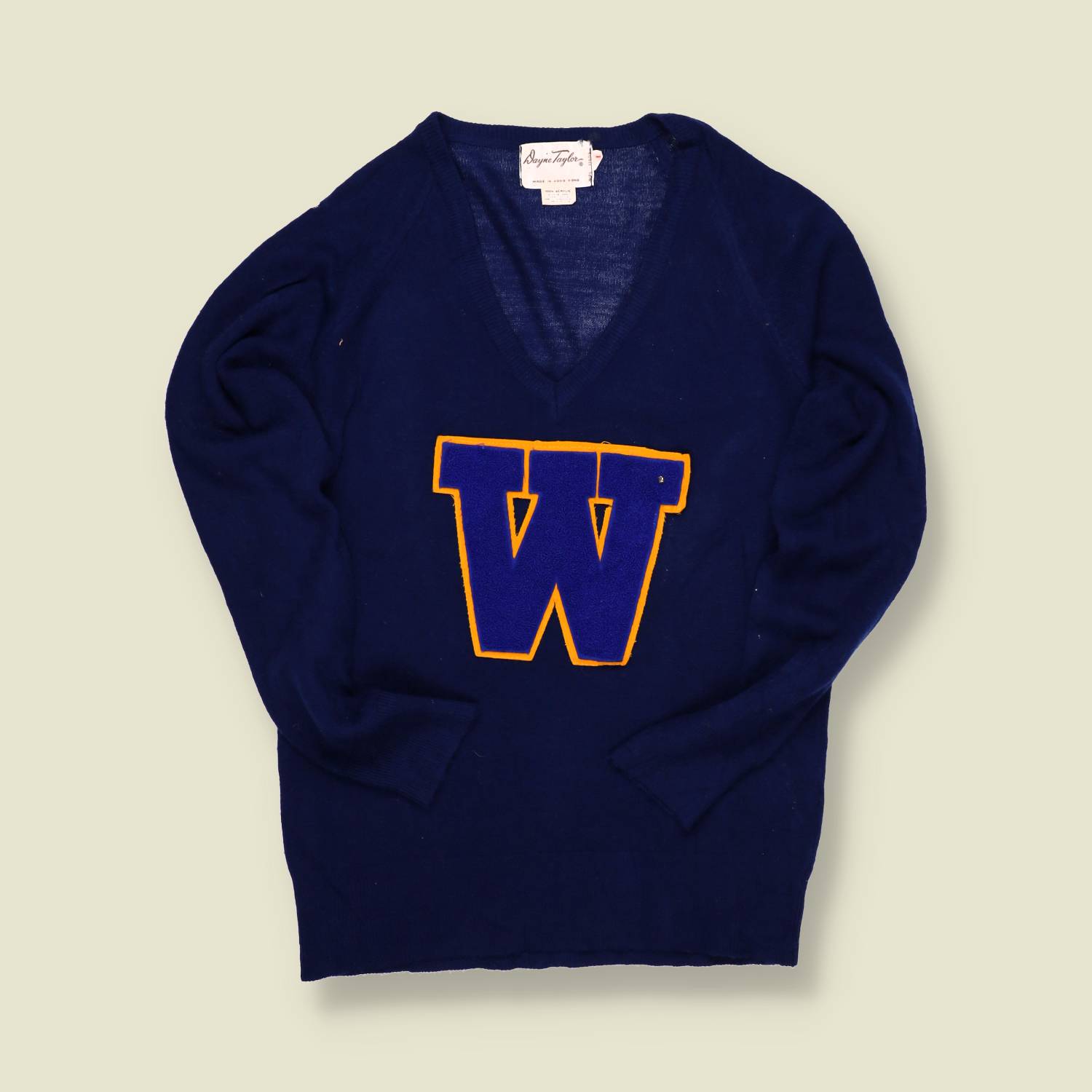 1980s–90s | Dayne Taylor | Varsity “W” Wool V-Neck Sweater – Navy/Gold - XS/S
