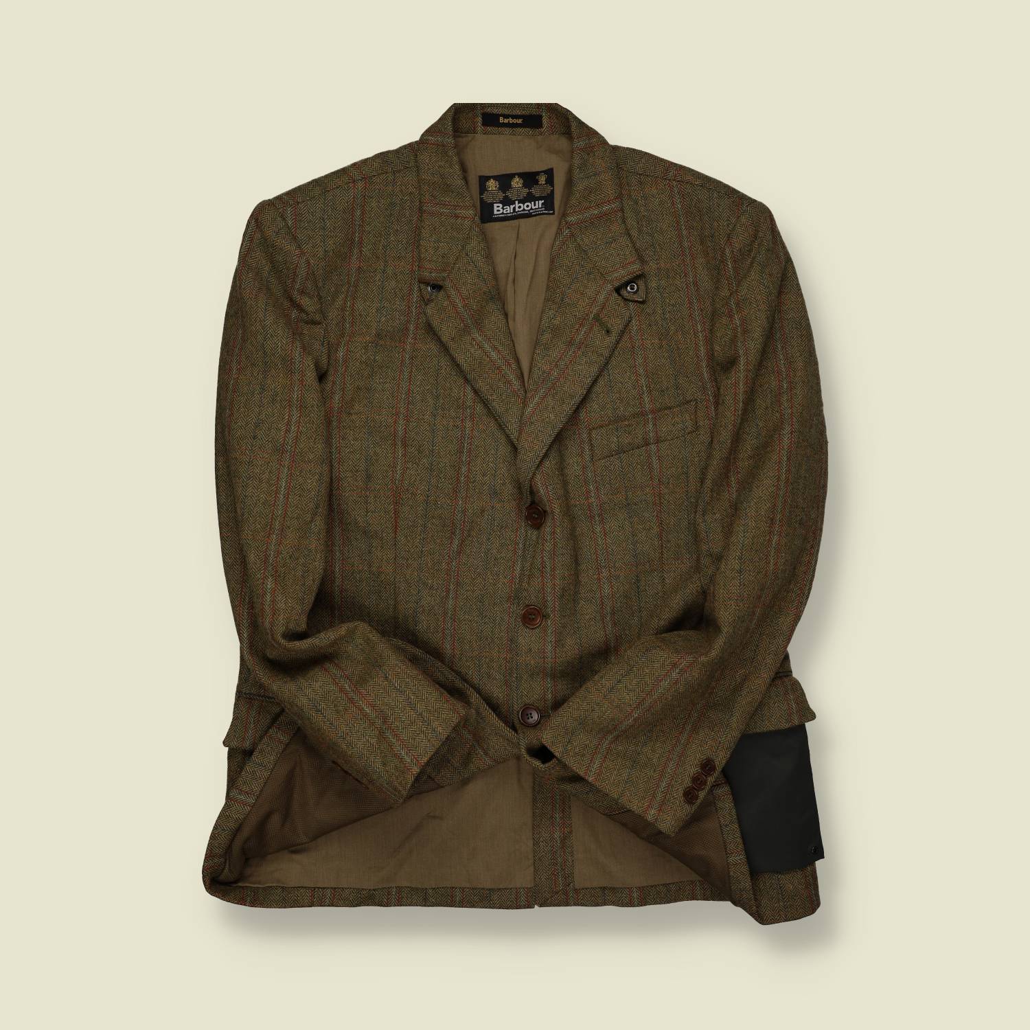 2000s | Barbour | Wool Herringbone Blazer – Olive with Red Stripe - M/L