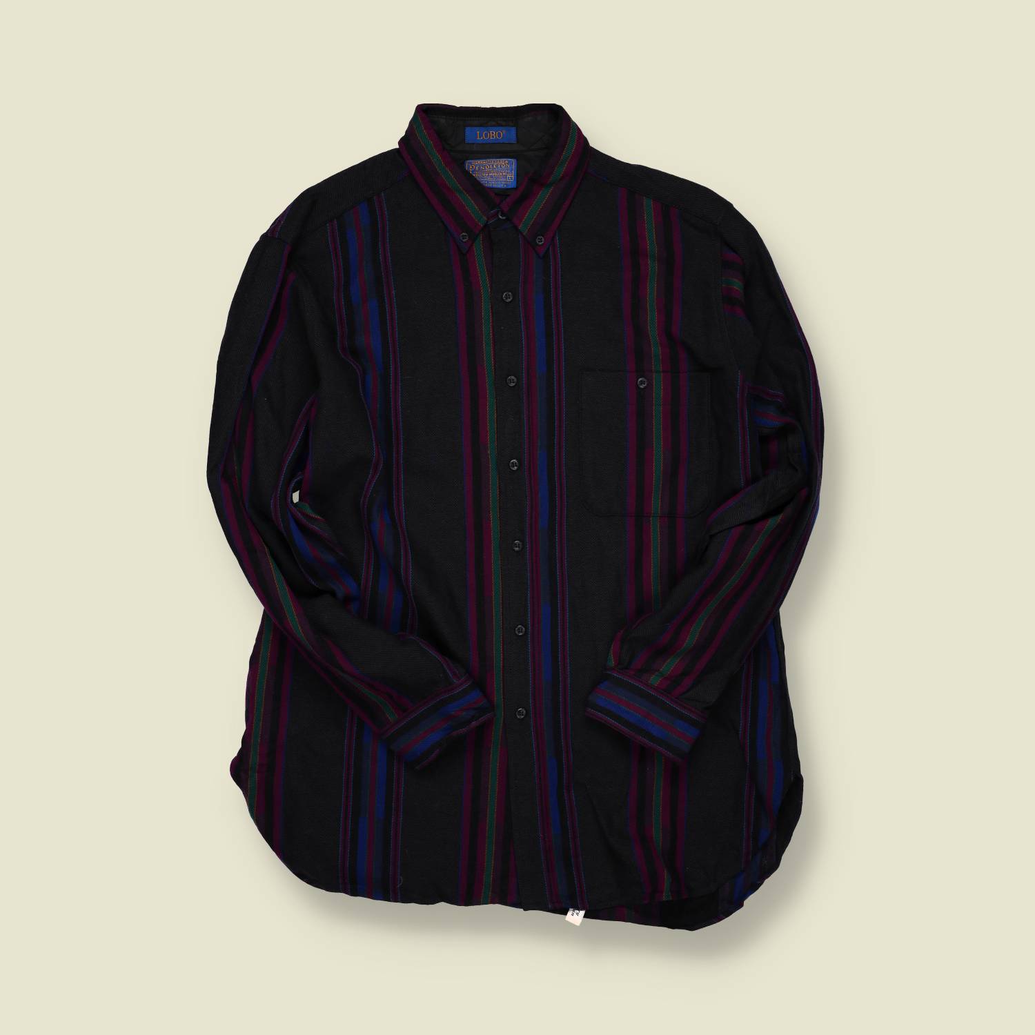 1980s | Pendleton “Lobo” | Wool Stripe Shirt – Black, Burgundy & Teal.- M/L