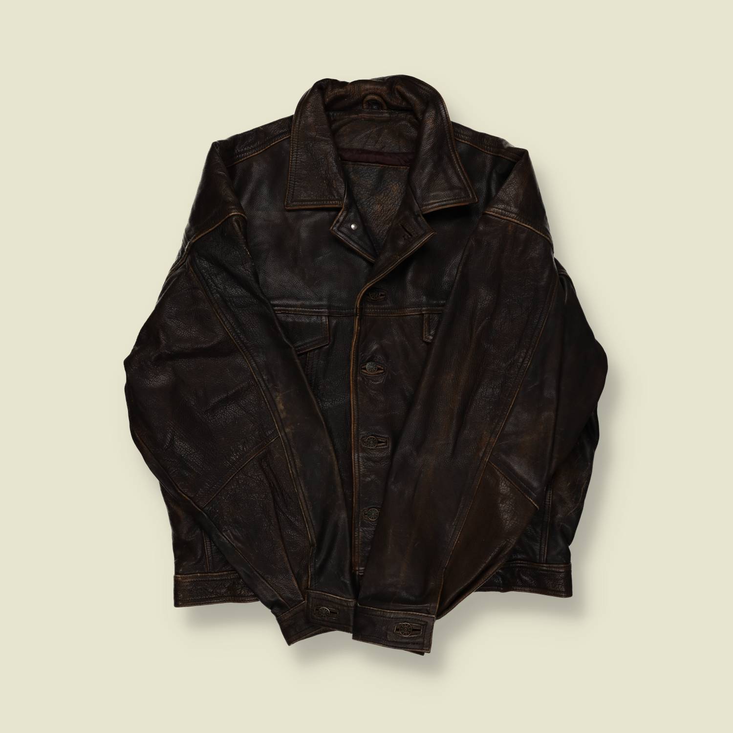 1980s | Unknown Maker | Heavy Steerhide Leather Trucker Jacket – Dark Brown - L