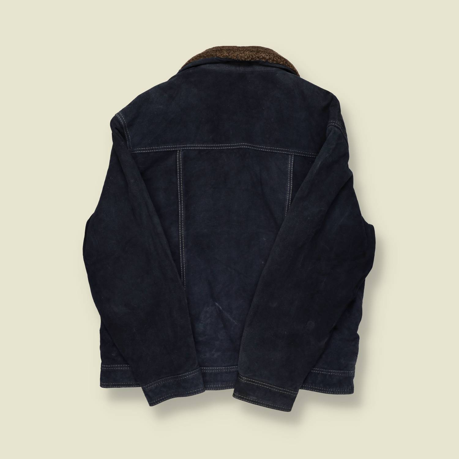 1990s–2000s | Calvin Cooper New York | Shearling-Collar Suede Trucker Jacket – Navy - L