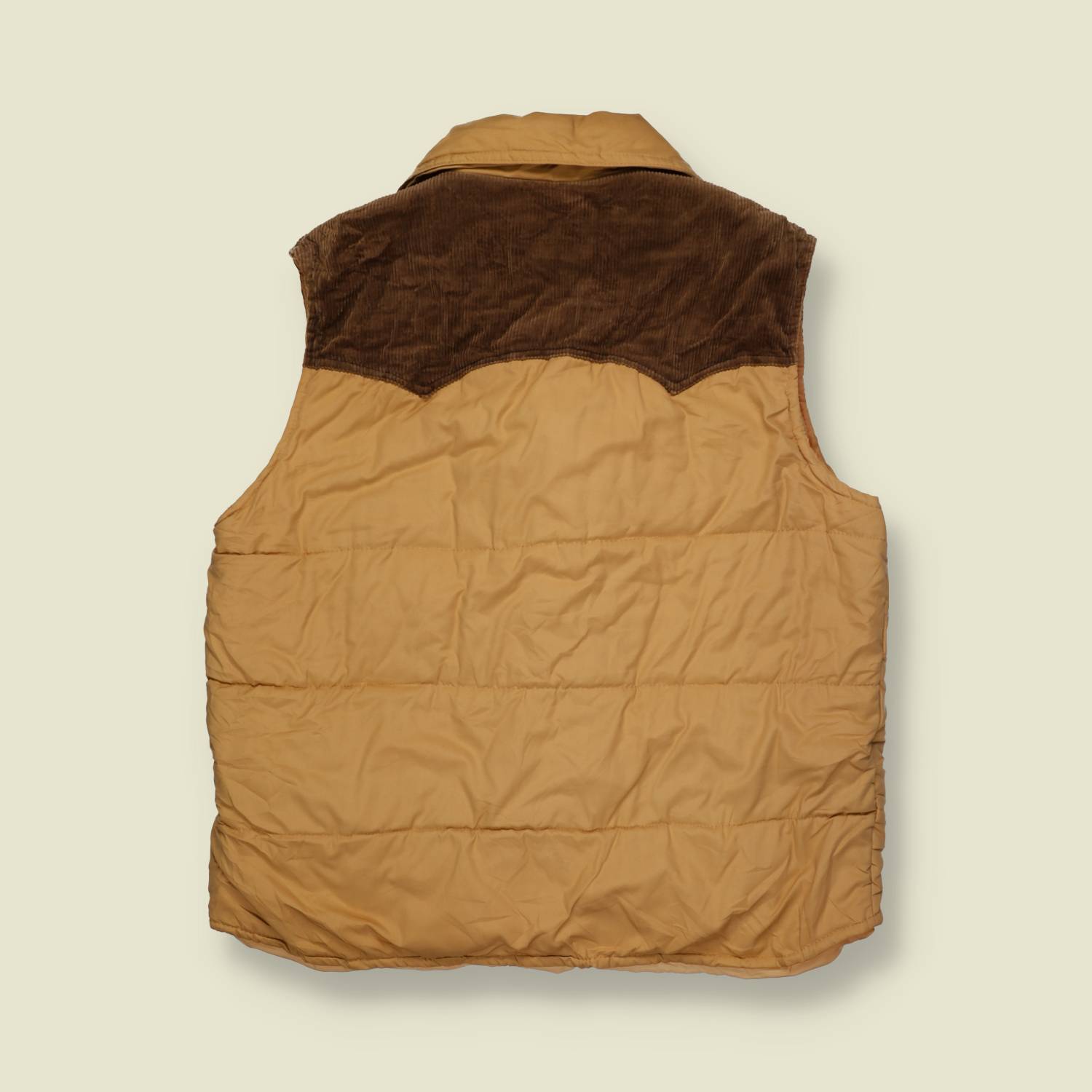 1970s | Holiday Ranger | Padded Hunting Vest – Tan & Brown Cord Collar - S