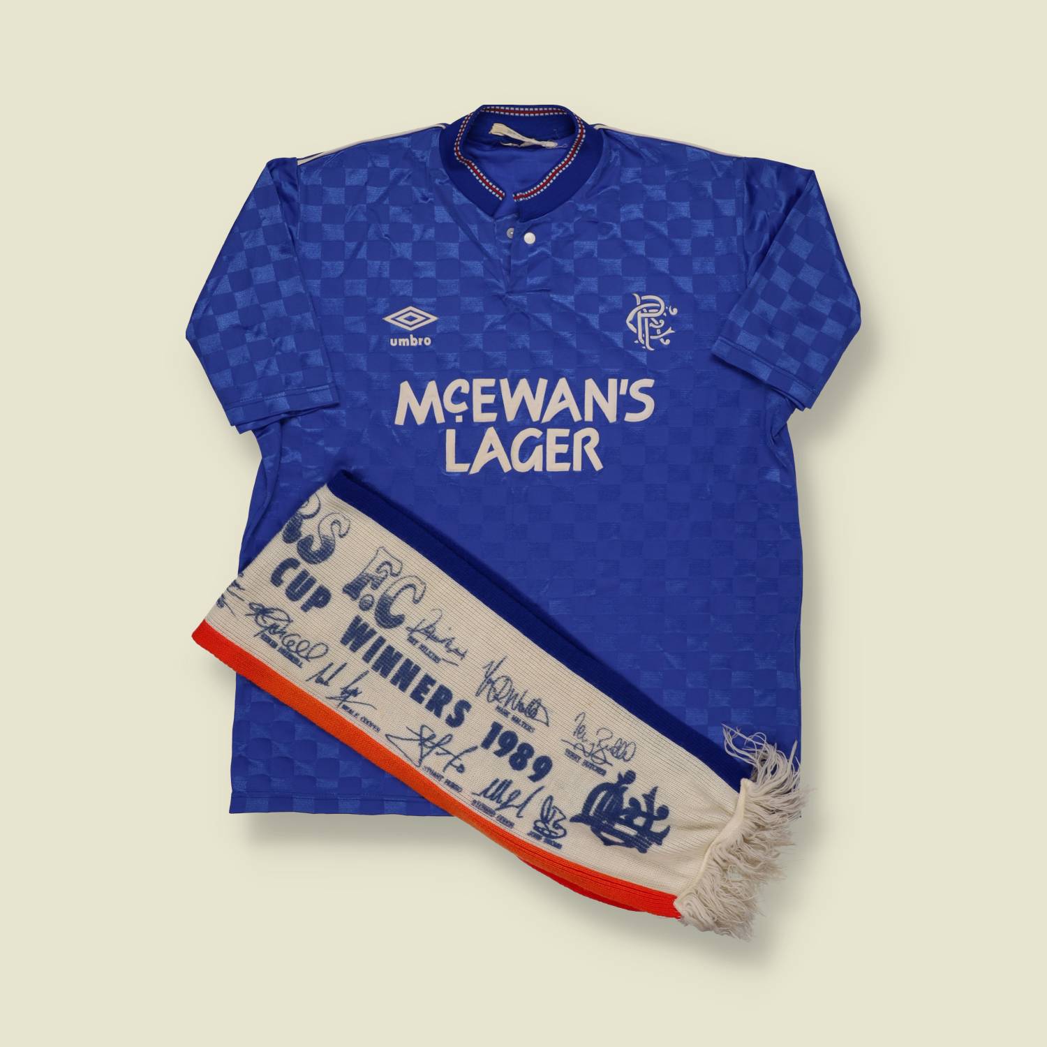 1989 | Umbro | Rangers F.C. Home Shirt + Cup Winners Scarf Set - S
