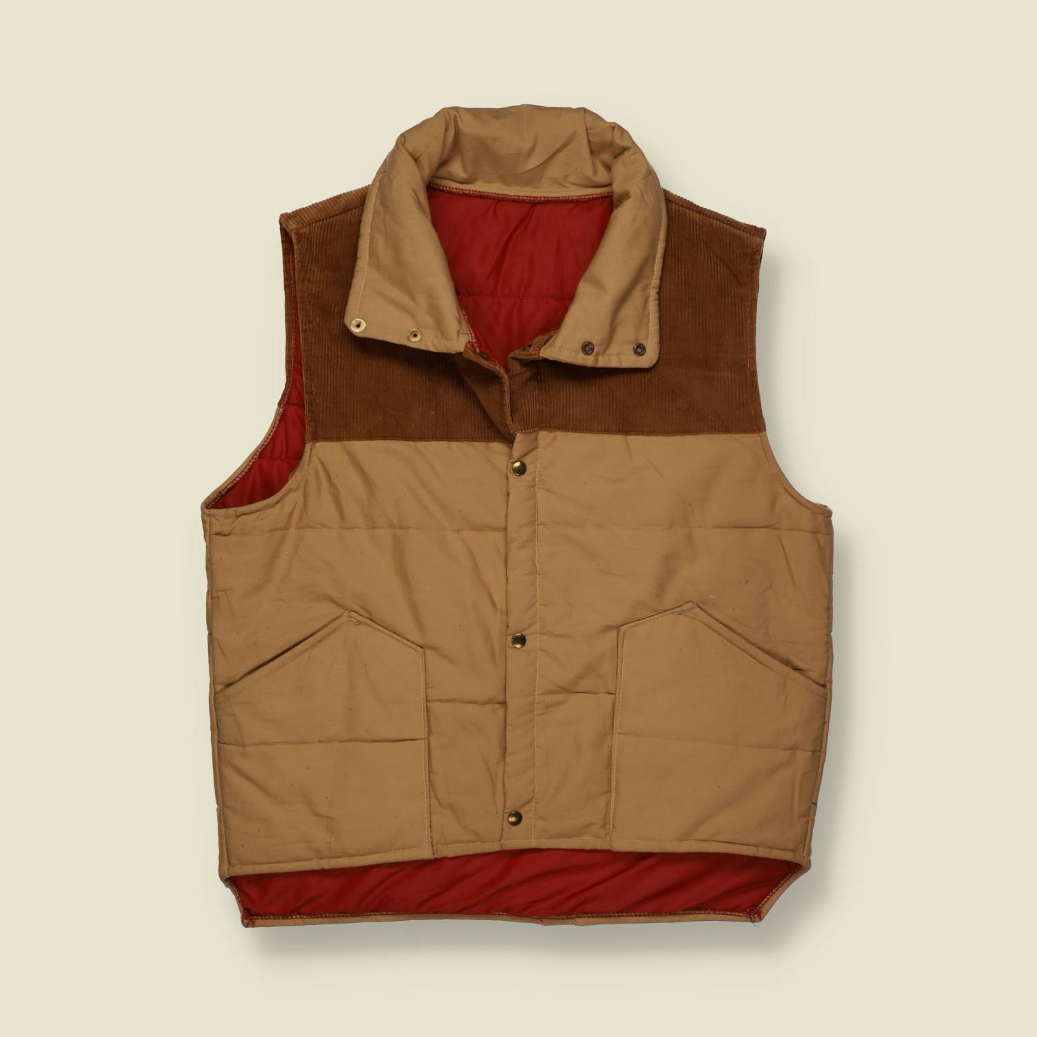 1970s | Unknown Maker | Canvas & Corduroy Down Vest – Tan & Brown - S
