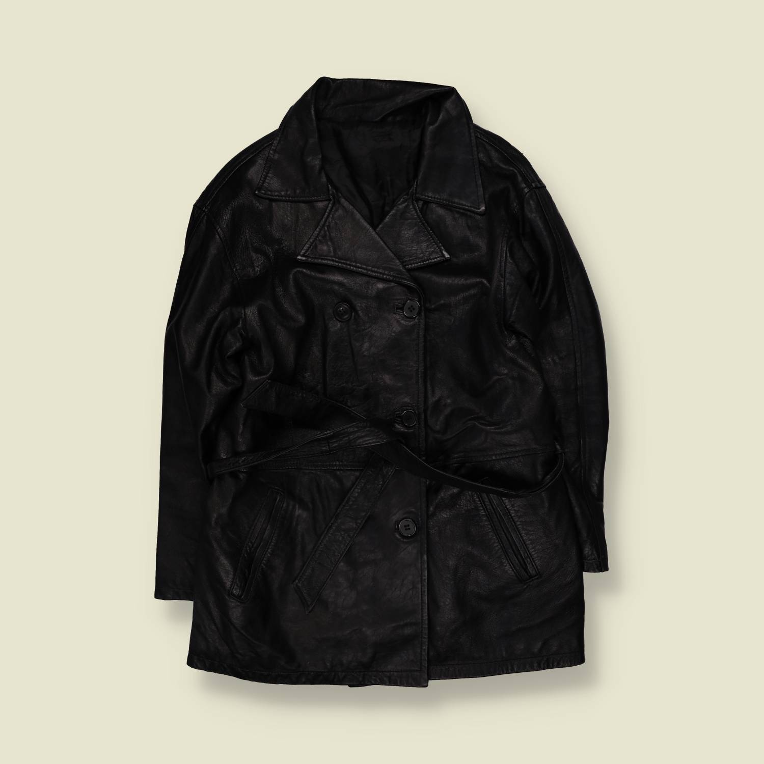 1970s | Lightweight Belted Leather Coat | Black - S