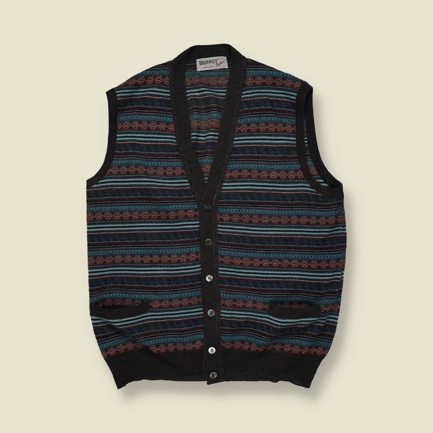 1990s | Bennet | Patterned Button-Up Wool Waistcoat – Multicolour - S