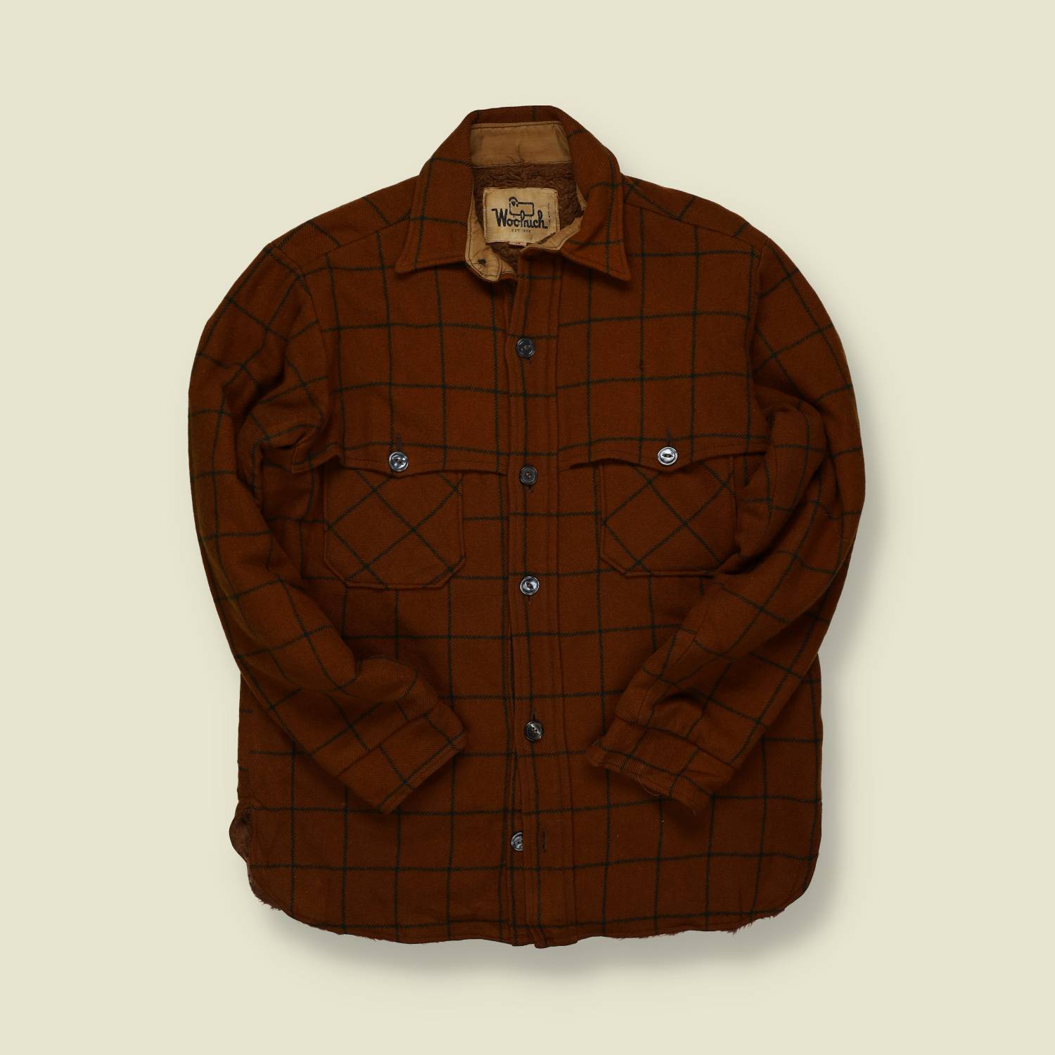 1960s | Woolrich | Brown Windowpane Wool Overshirt – Sherpa-Lined - S
