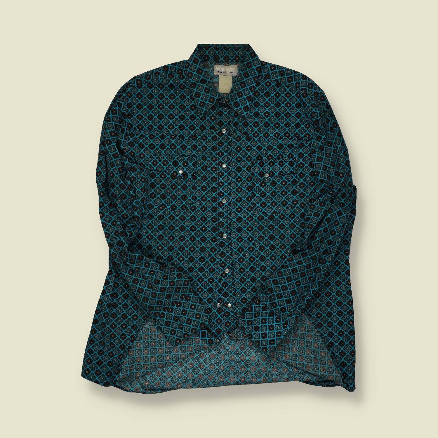 1980s | Wrangler Western | Blue Geometric Snap Shirt - L/XL