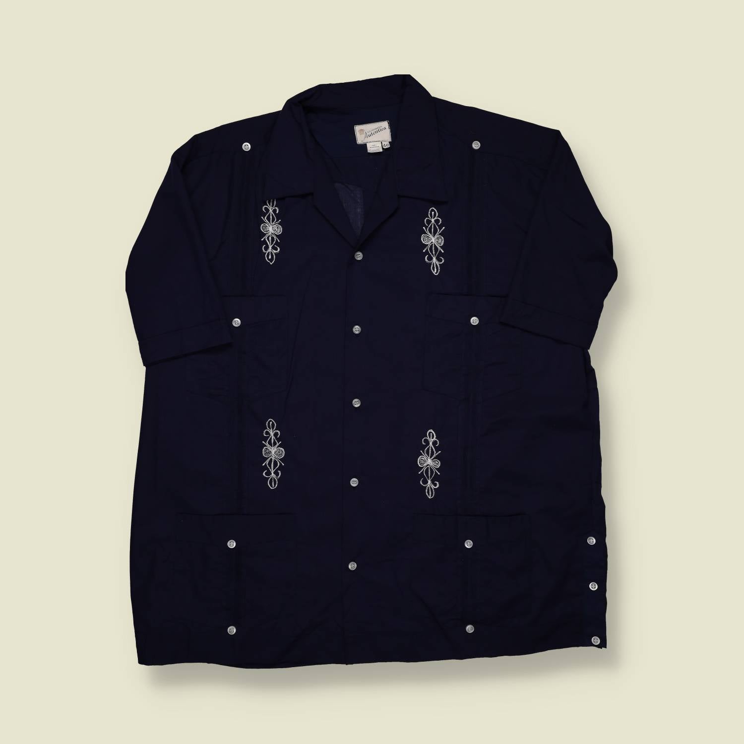 1980s | Authentica | Guayabera Shirt – Navy/White - XL