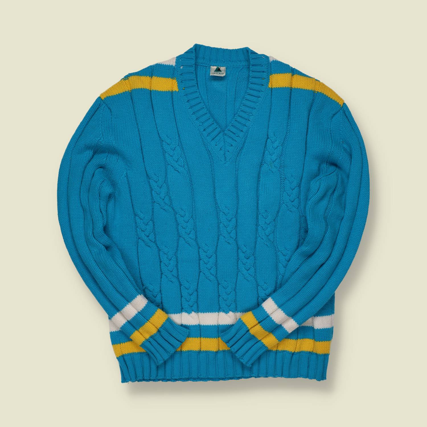 1970s | Le Acril | Cable V-Neck Sports Sweater – Blue/Yellow/White - S