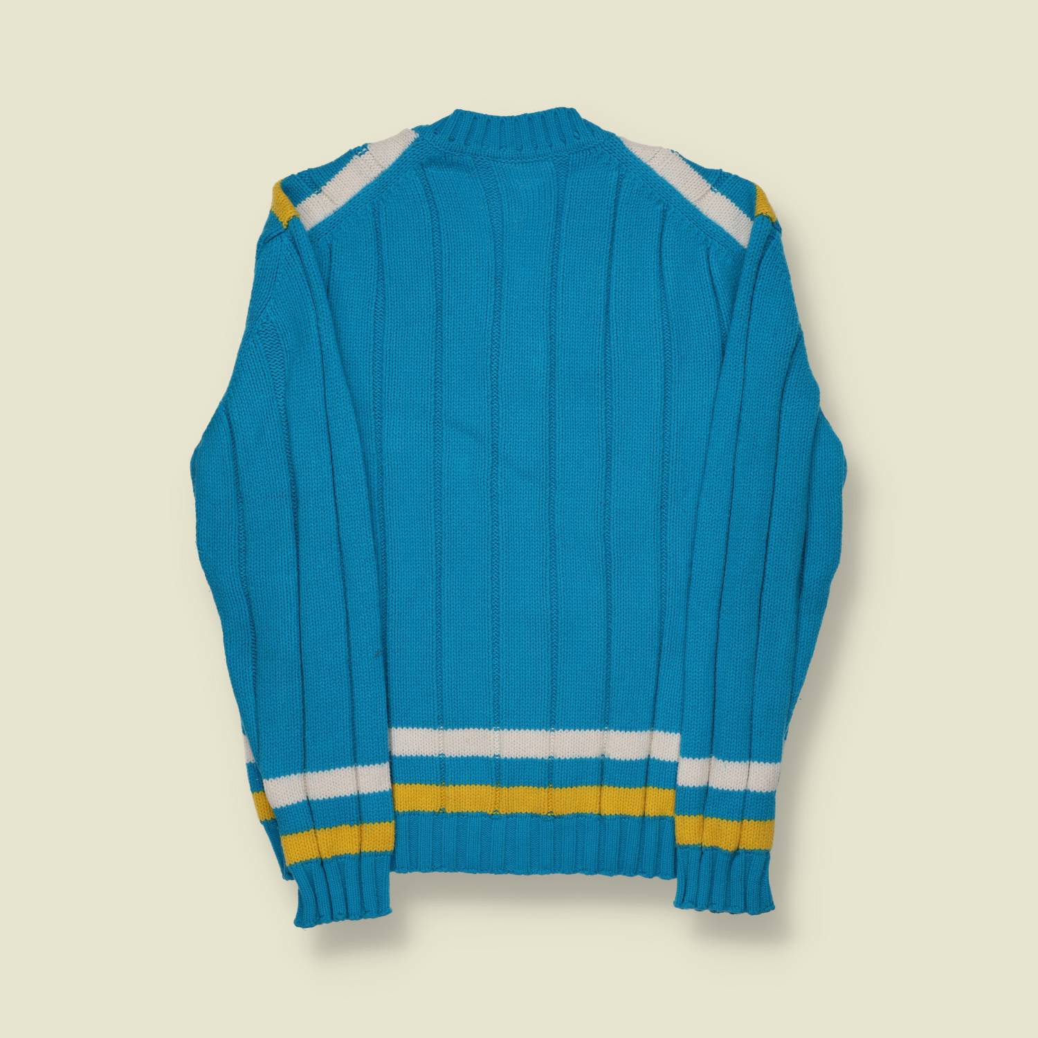 1970s | Le Acril | Cable V-Neck Sports Sweater – Blue/Yellow/White - S