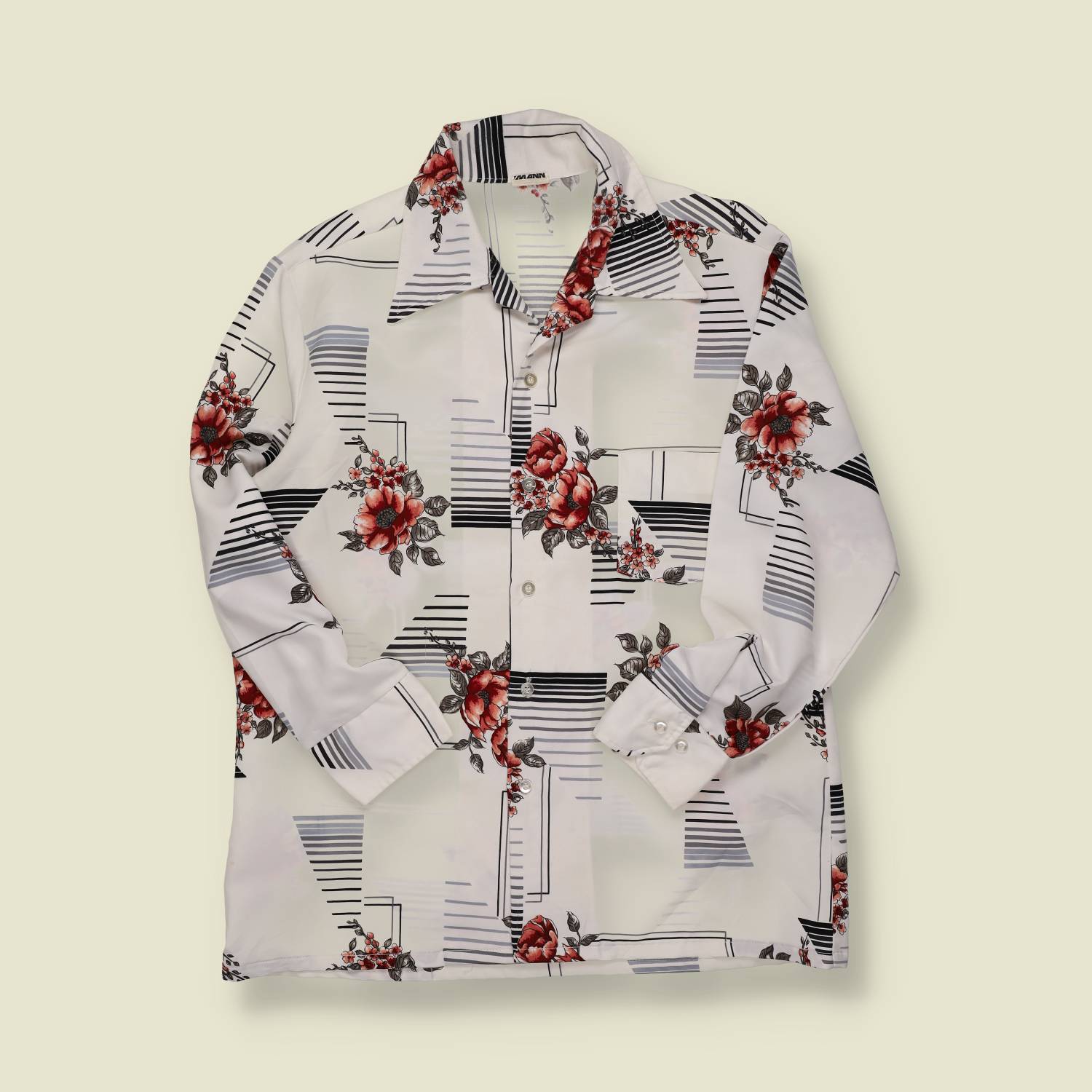 1970s | Stuart Mann | Floral / Geometric Dress Shirt – White/Red/Black - M