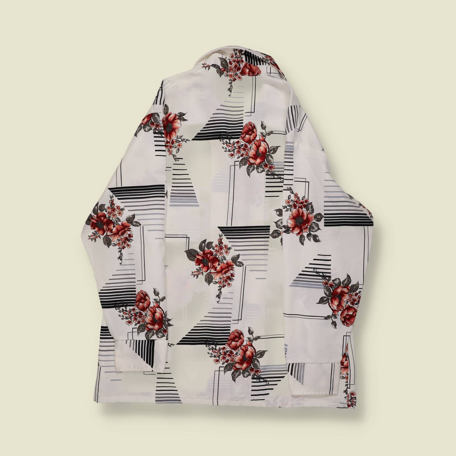 1970s | Stuart Mann | Floral / Geometric Dress Shirt – White/Red/Black - M