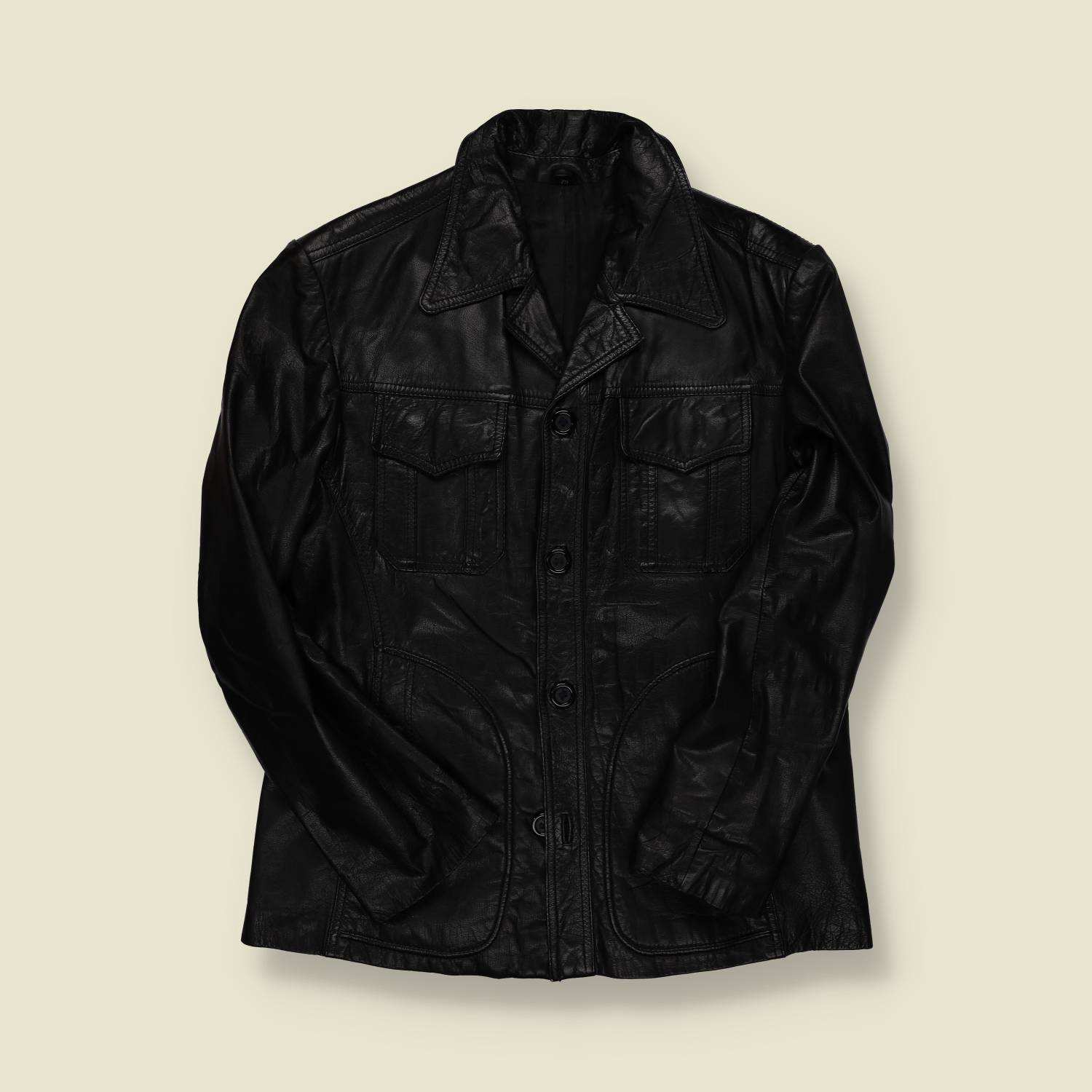 1970s | Unbranded | Black Leather Car Coat – Curved Pocket - S