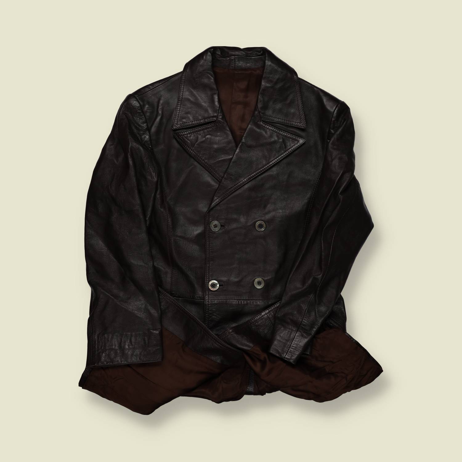 1970s | Unbranded | Double-Breasted Leather Car Coat – Dark Brown - S