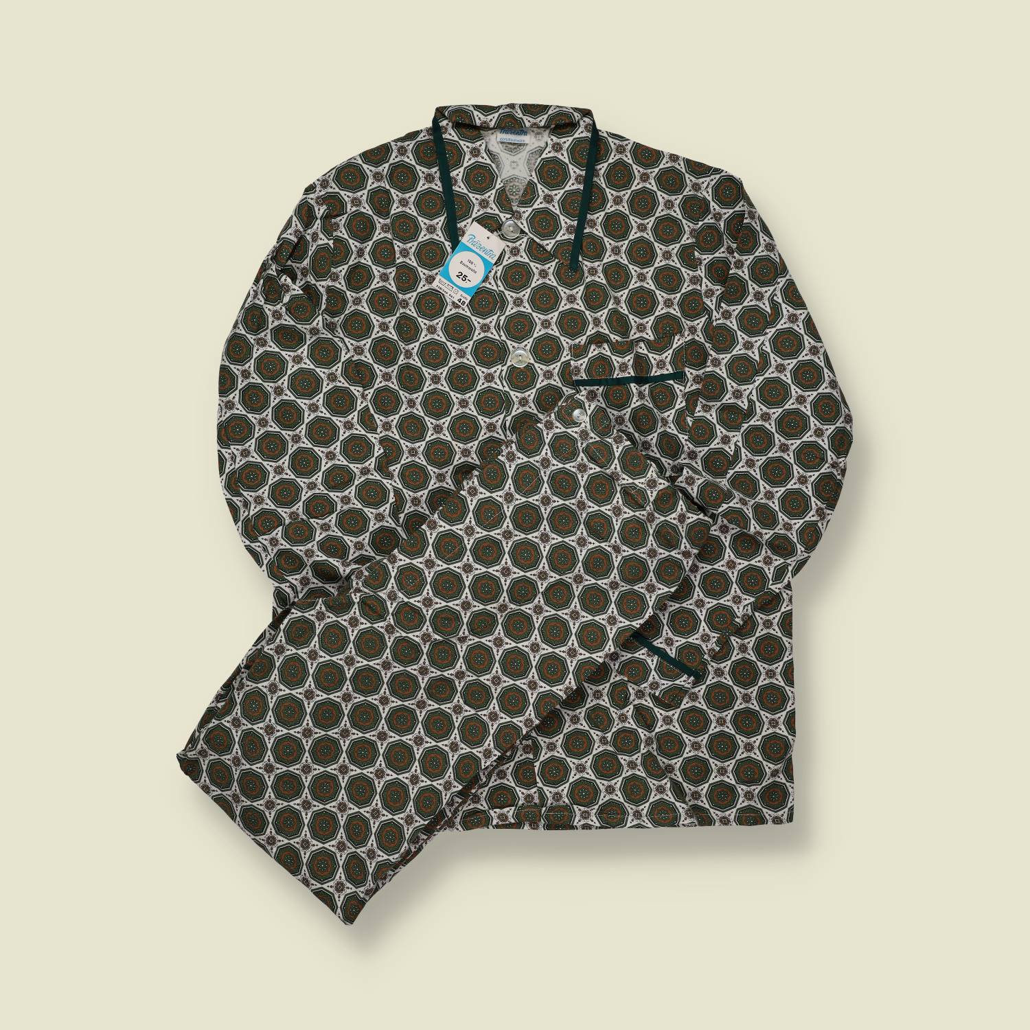 1970s | Prazenitra | Patterned PJ Shirt – Green/White - S