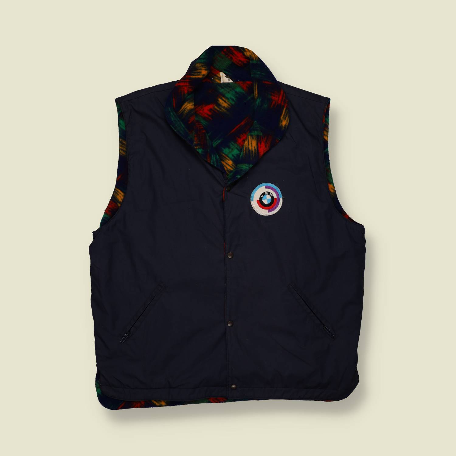 1980s | Unbranded | BMW-Motorsport Style Padded Gilet – Navy/Multi - L