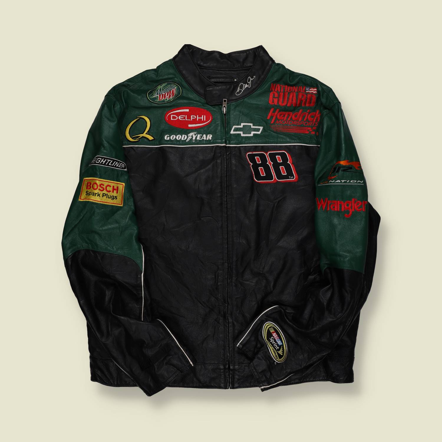 2000s | Dale Earnhardt Jr. | AMP Energy / National Guard NASCAR Leather Jacket – Black/Green -