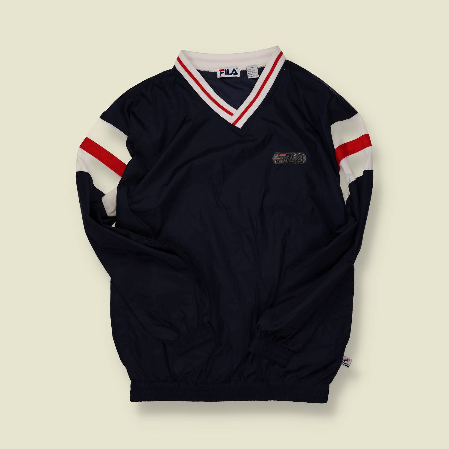 1990s | Fila | V-Neck Windbreaker – Navy/White/Red - M