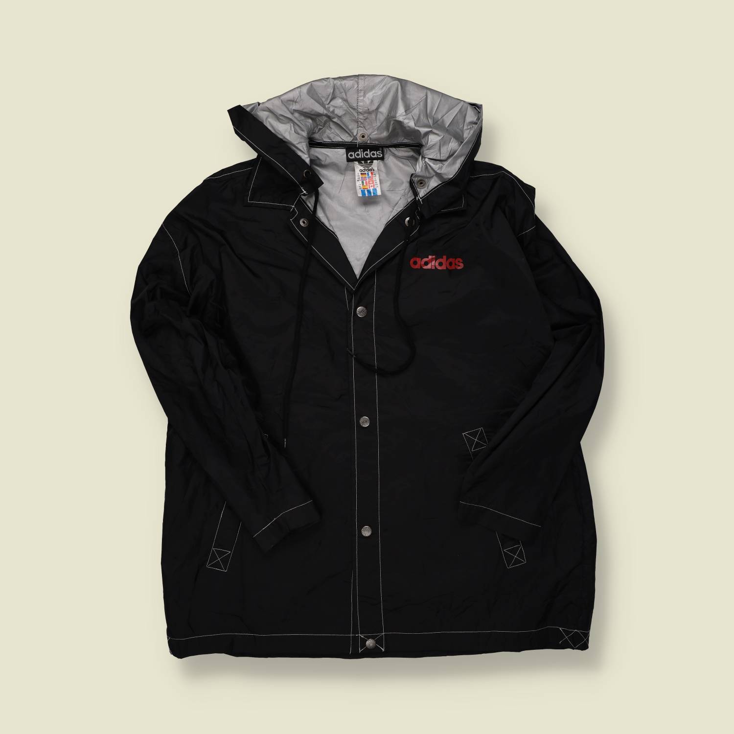 1990s | Adidas | Basketball Graphic Hooded Windbreaker – Black/Silver/Red - M