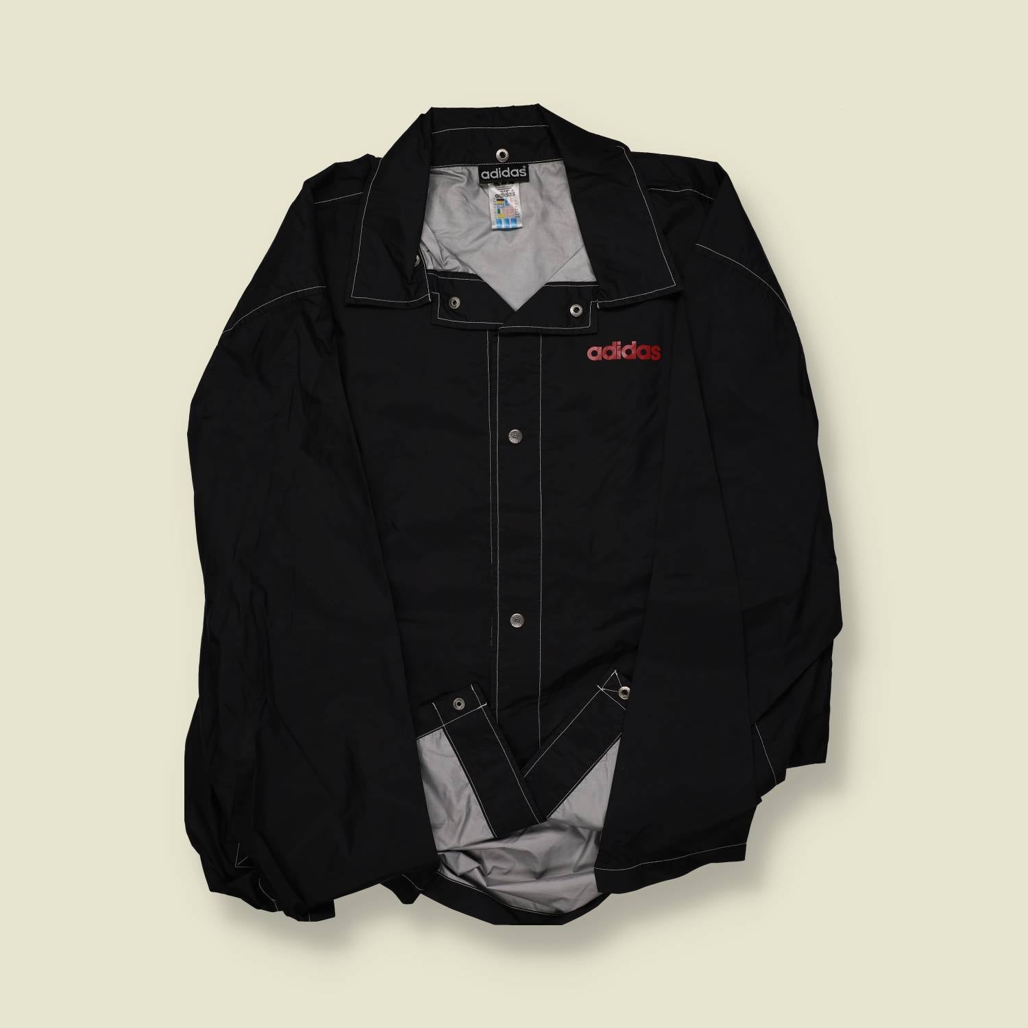 1990s | Adidas | Pop-Stud Windbreaker Shell – Black/Silver/Red - XL