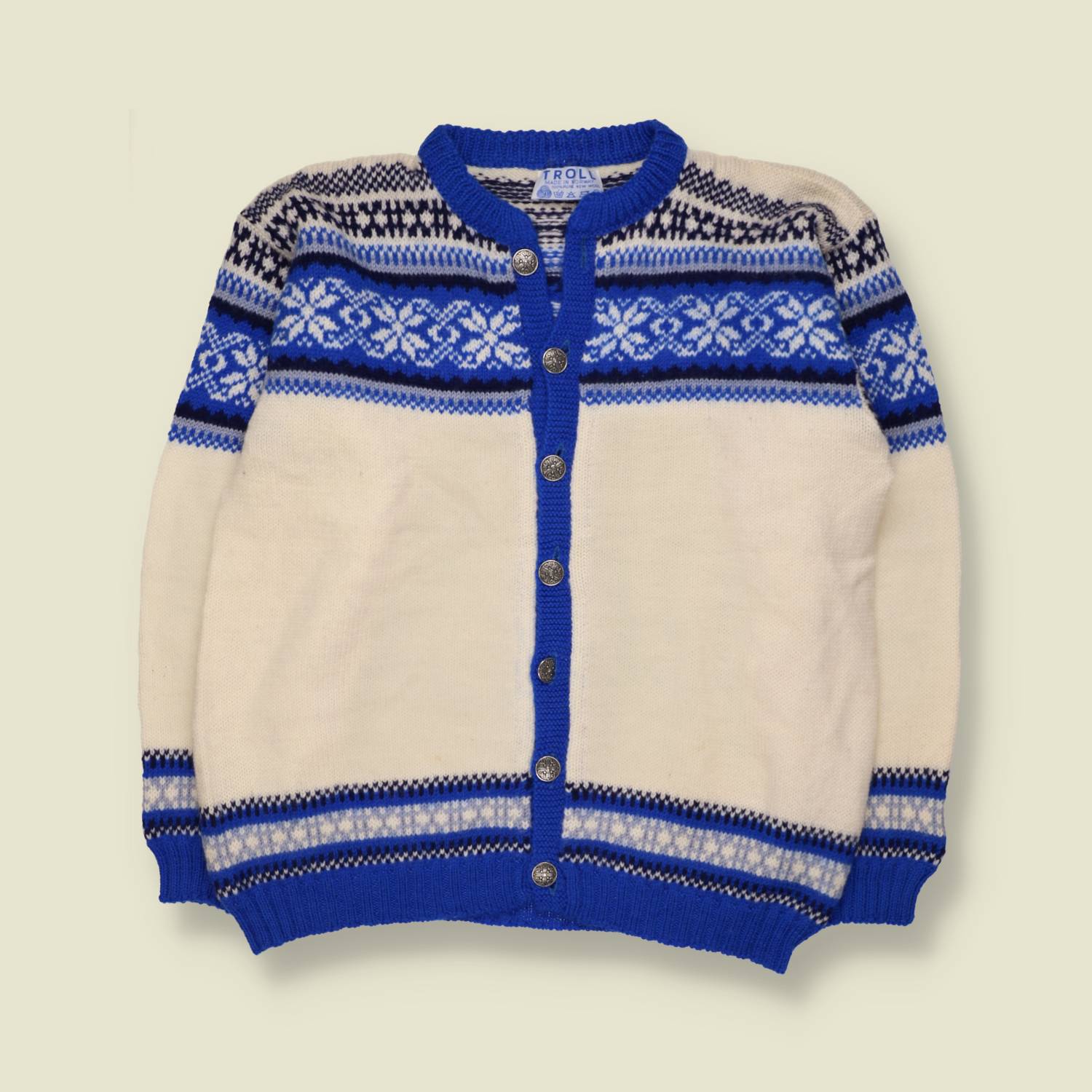 1960s/70s | Troll | Norwegian Wool Cardigan | Cream & Blue - L