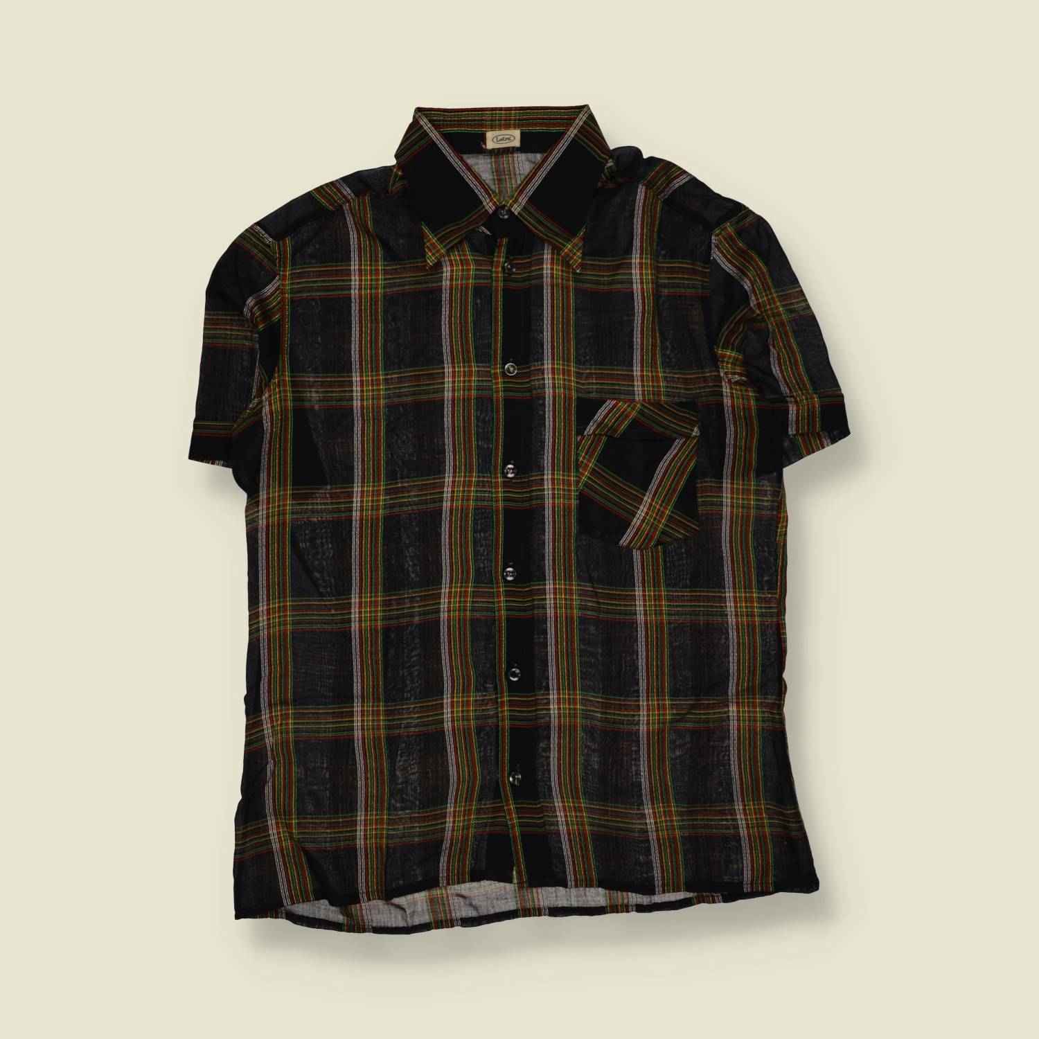 1970s | Cotton Blend Check Short Sleeve Shirt | Black Multi - S