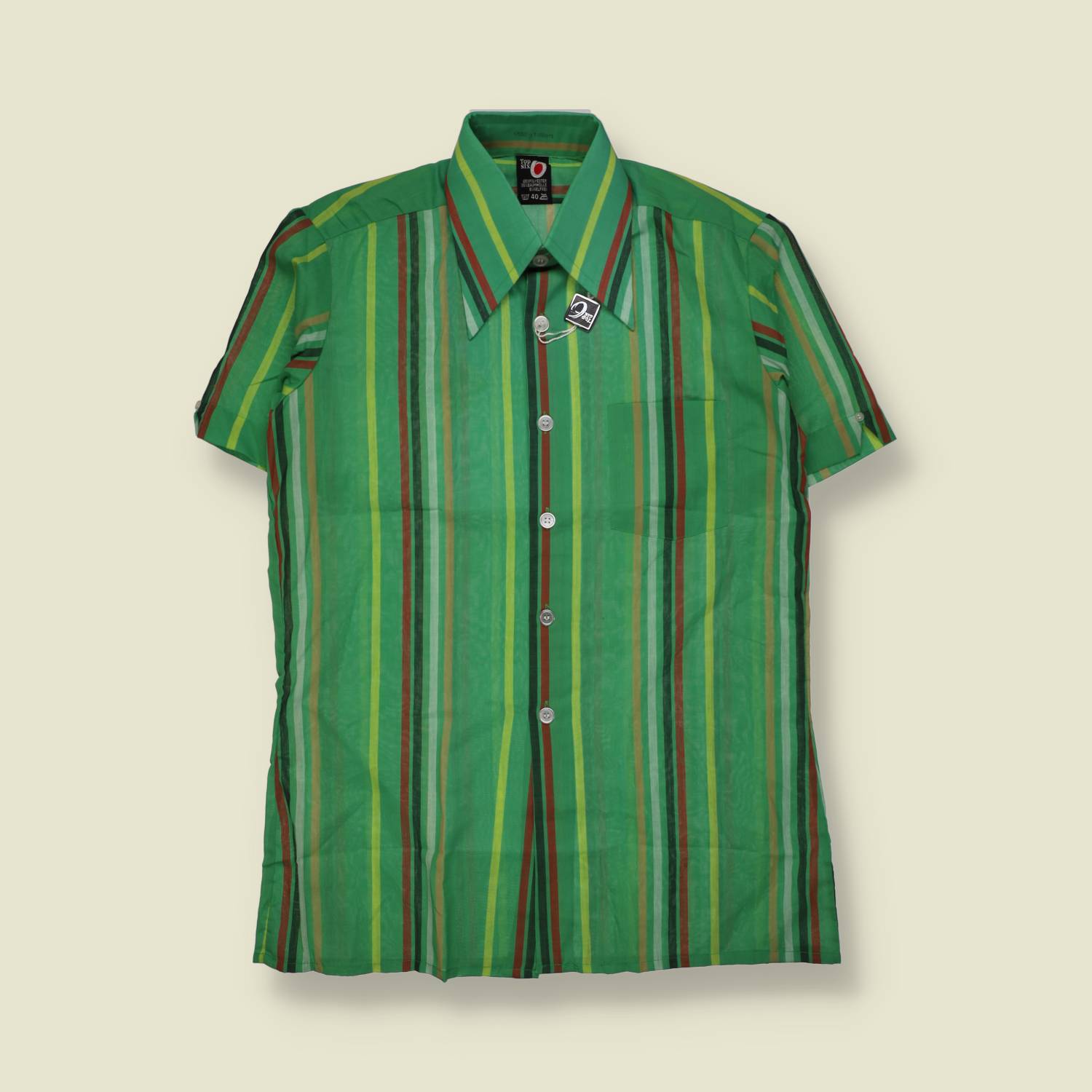 1970s | Top Six | Poly Cotton Striped Short Sleeve Shirt | Green Multi - M