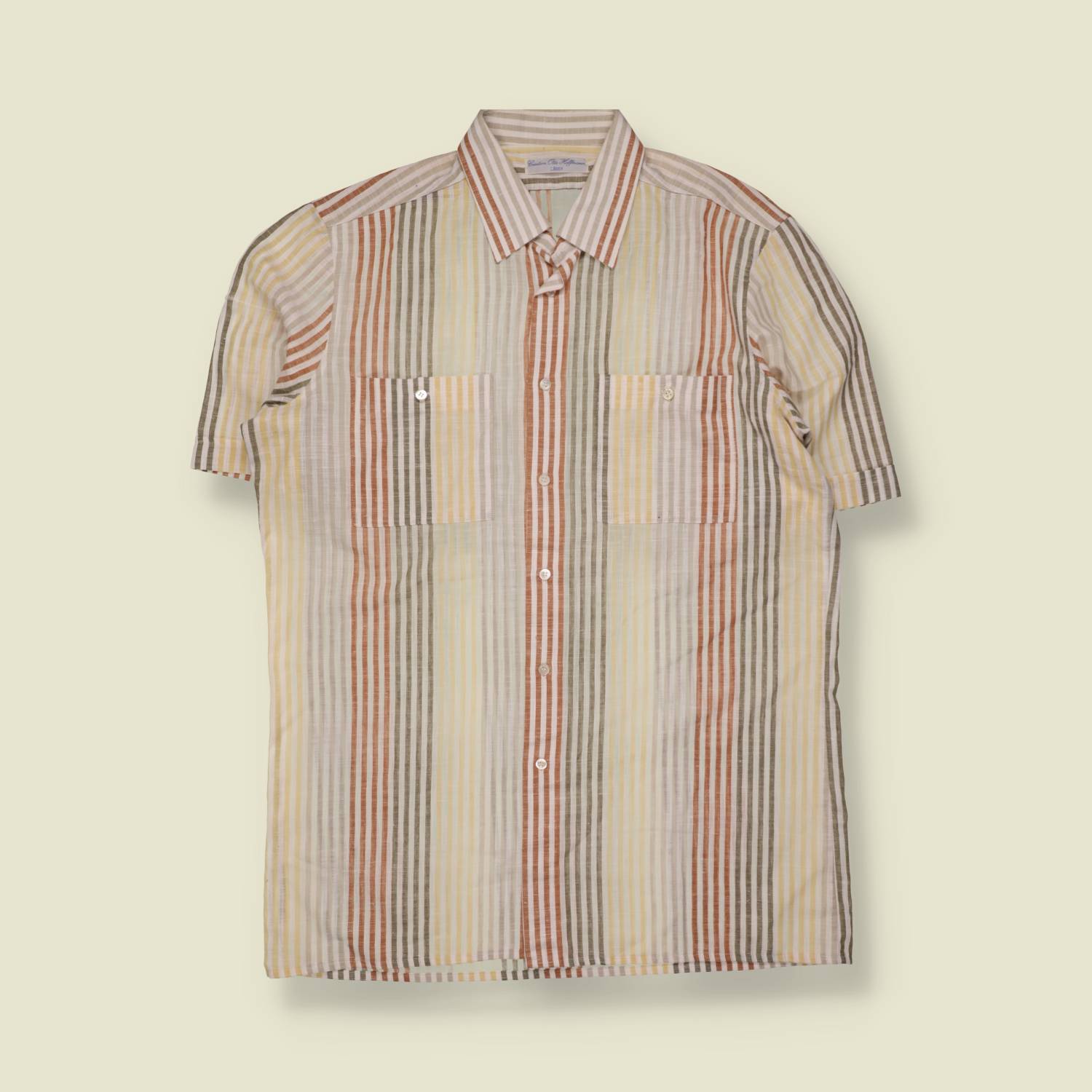 1970s | Cotton Blend Striped Two-Pocket Short Sleeve Shirt | Multi - M