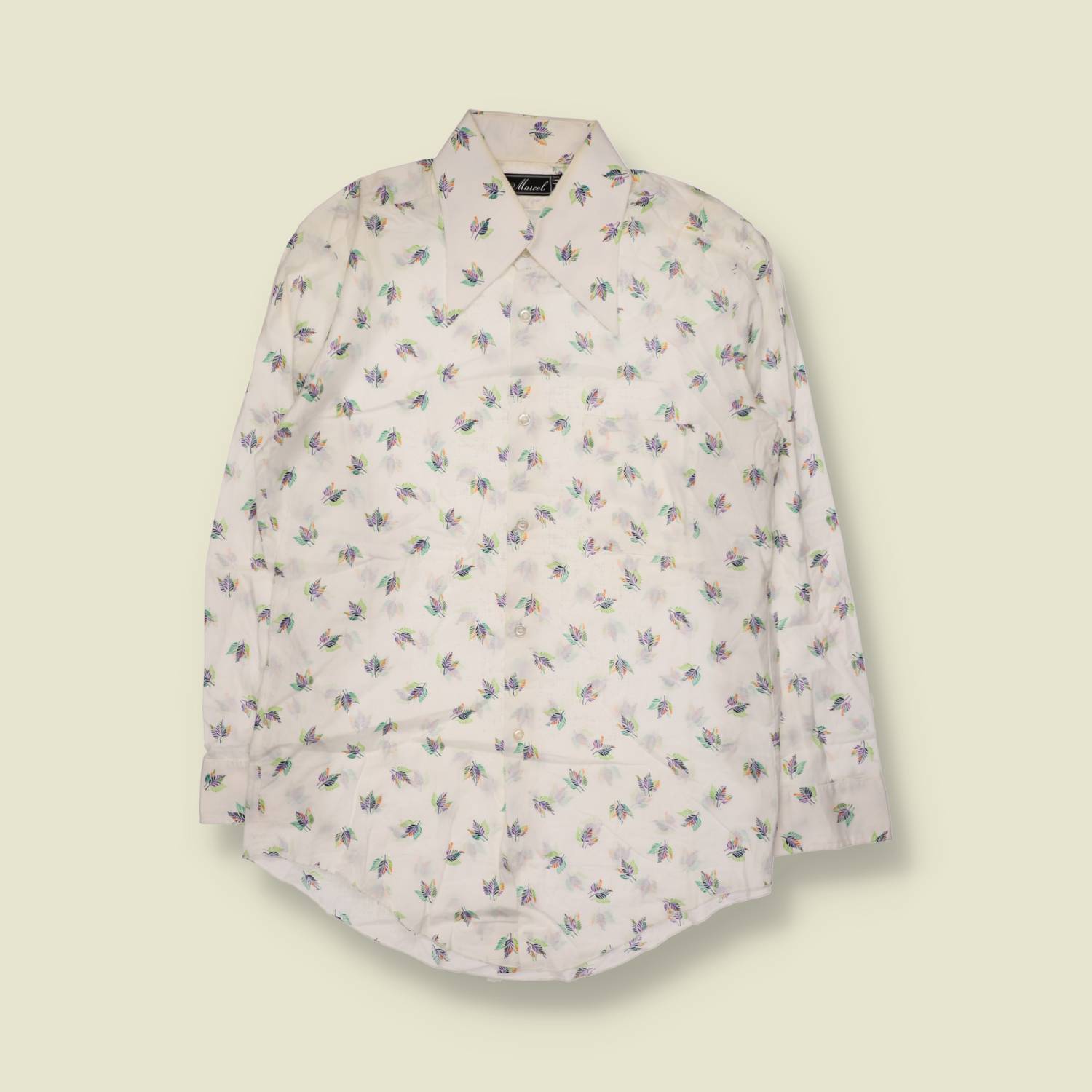 1970s | Marcel | Cotton Leaf Print Long Sleeve Shirt | White Multi - M