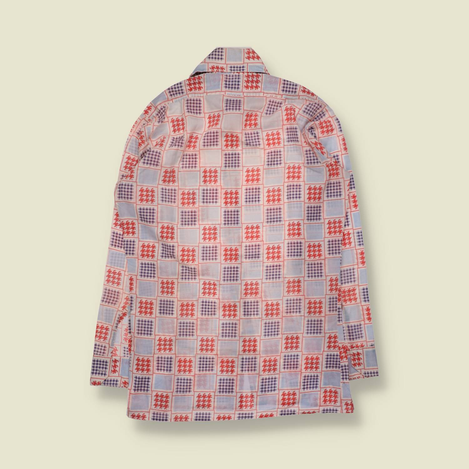 1970s | Poly Cotton Patchwork Print Long Sleeve Shirt | Red & Blue - L