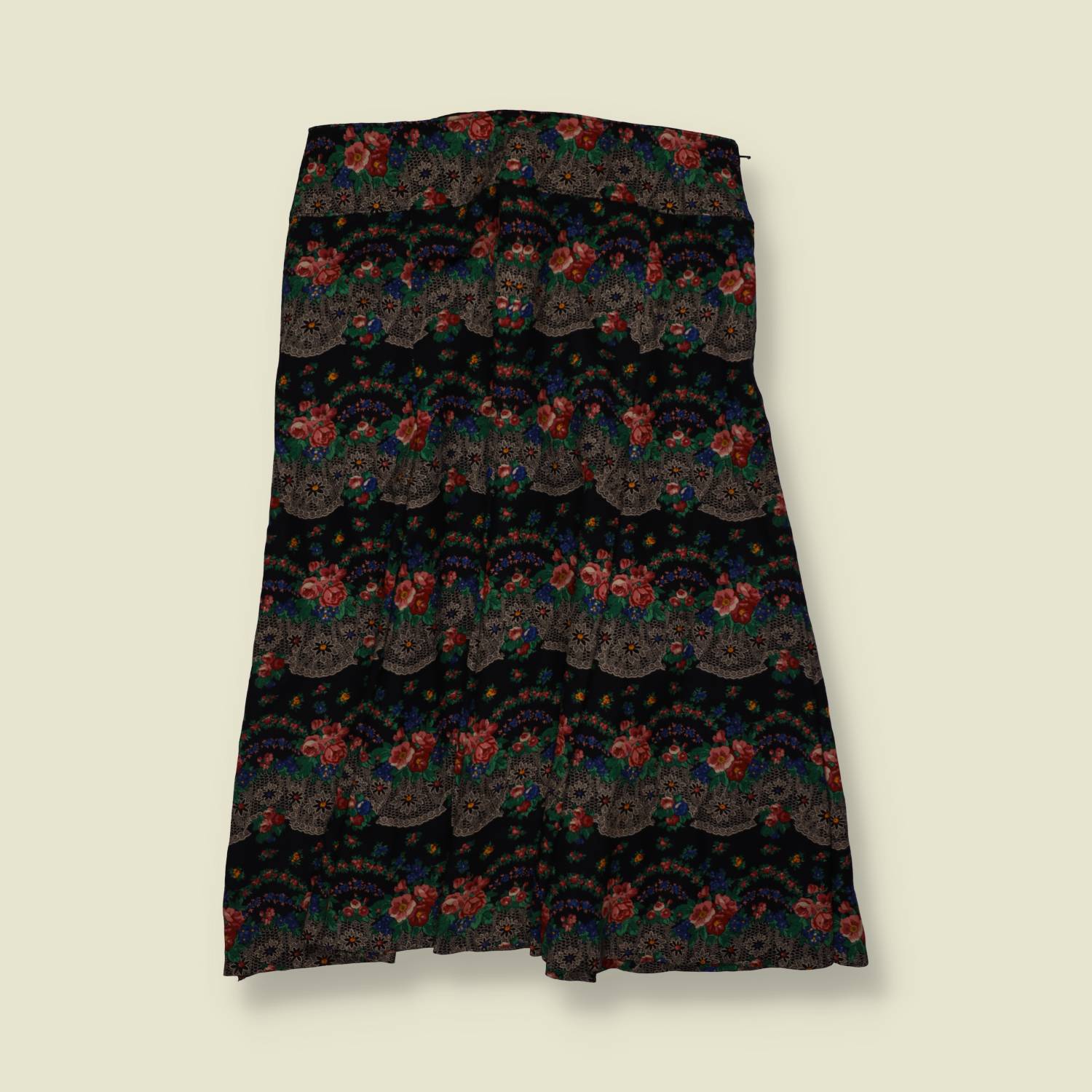 1970s | Poly Blend Skirt | Black Floral - w30