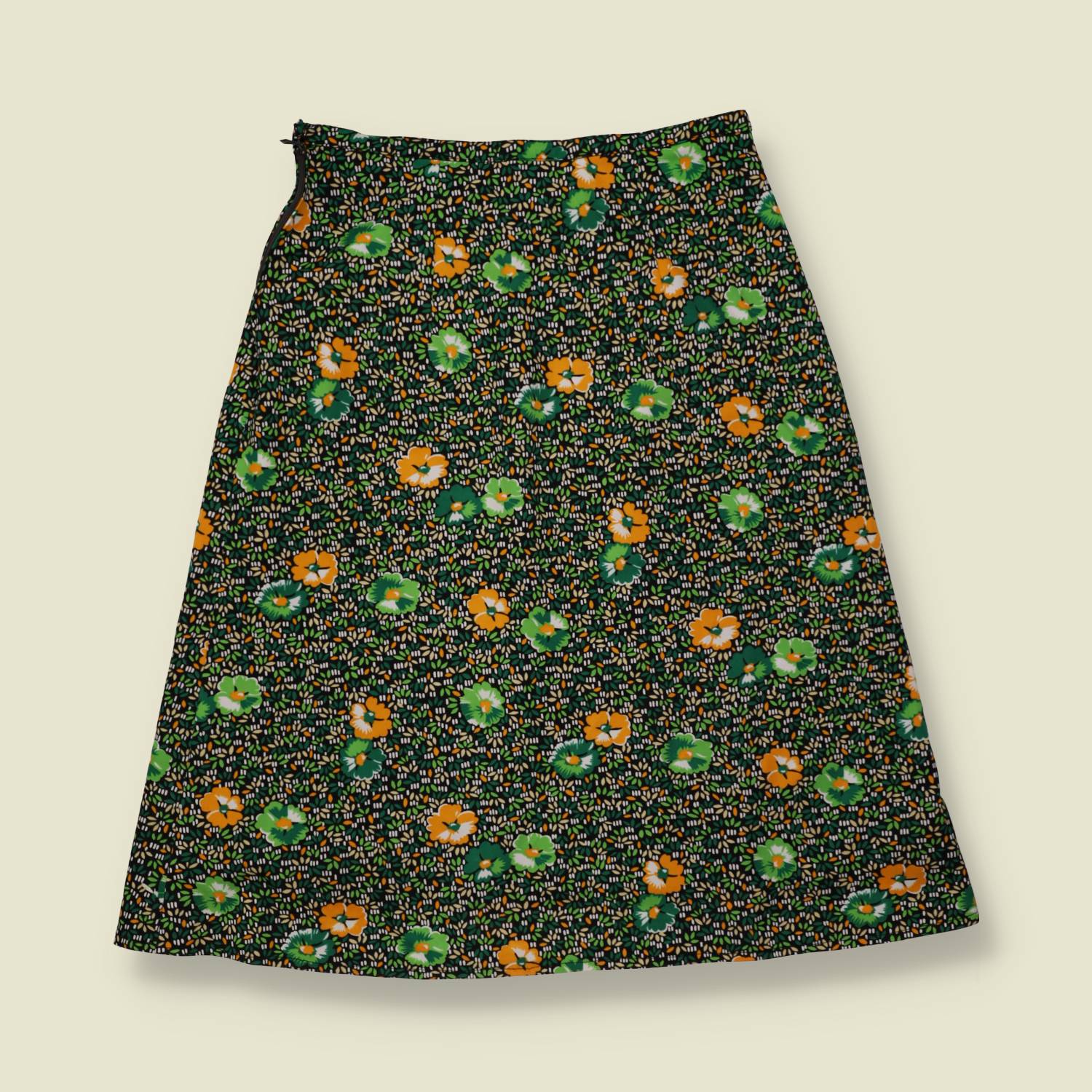 1970s | Polyester Skirt | Green & Orange Floral - w28