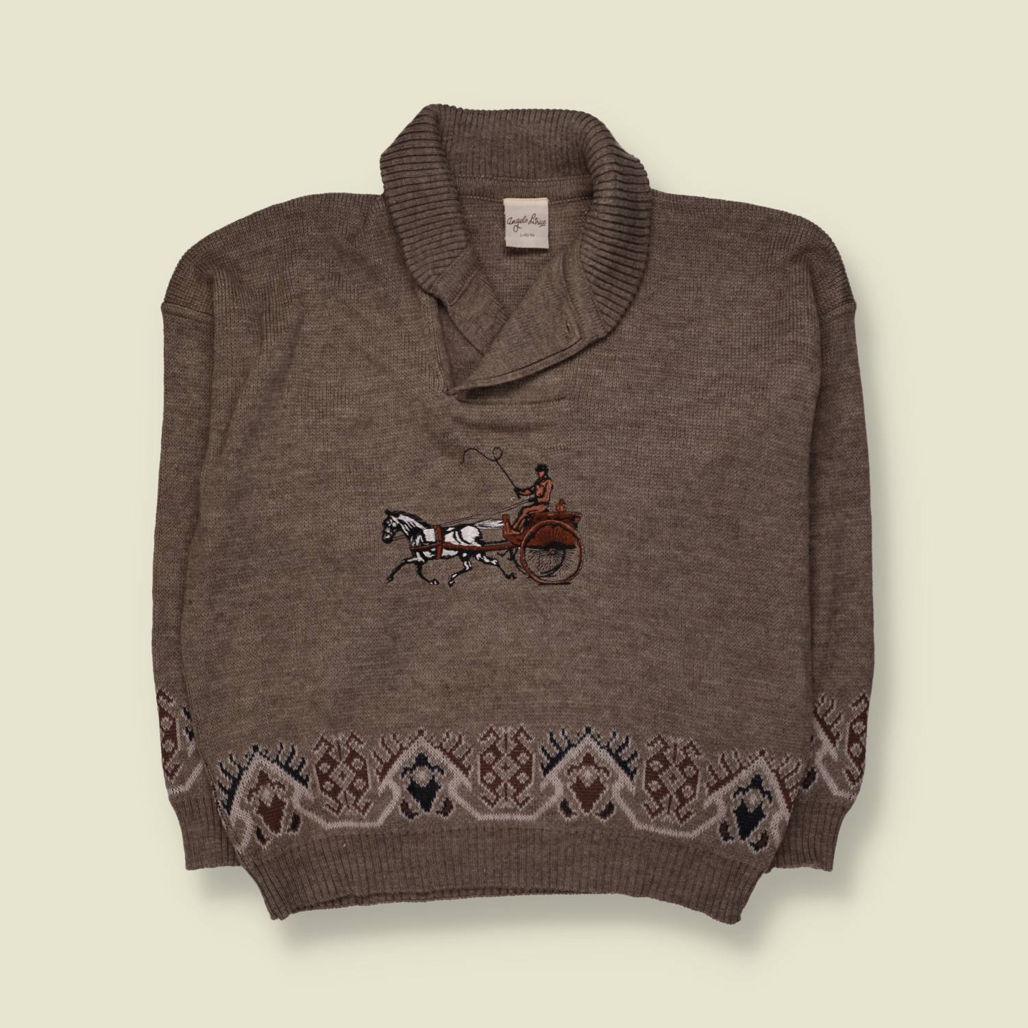 1980s | Angelo Litrico | Horse & Carriage Embroidered Shawl Collar Jumper | Taupe - XXL