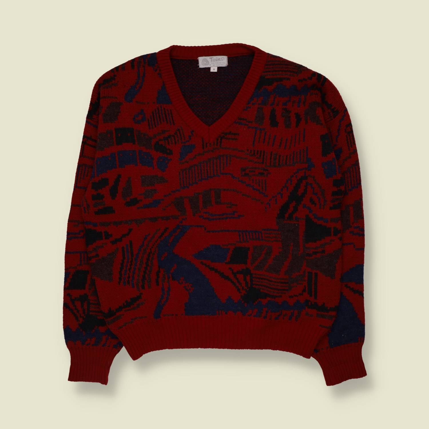 1980s | Twins | Abstract Pattern V-Neck Jumper | Burgundy Multi - M