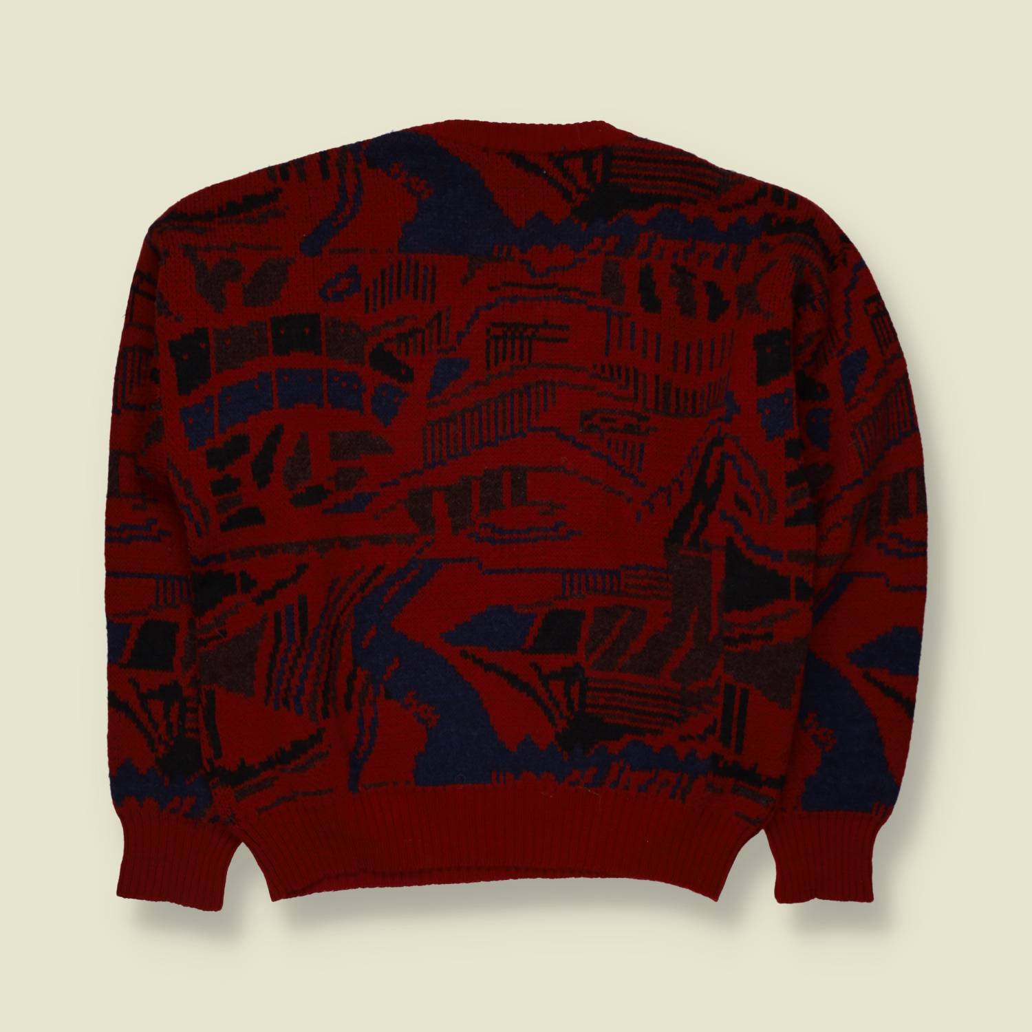 1980s | Twins | Abstract Pattern V-Neck Jumper | Burgundy Multi - M