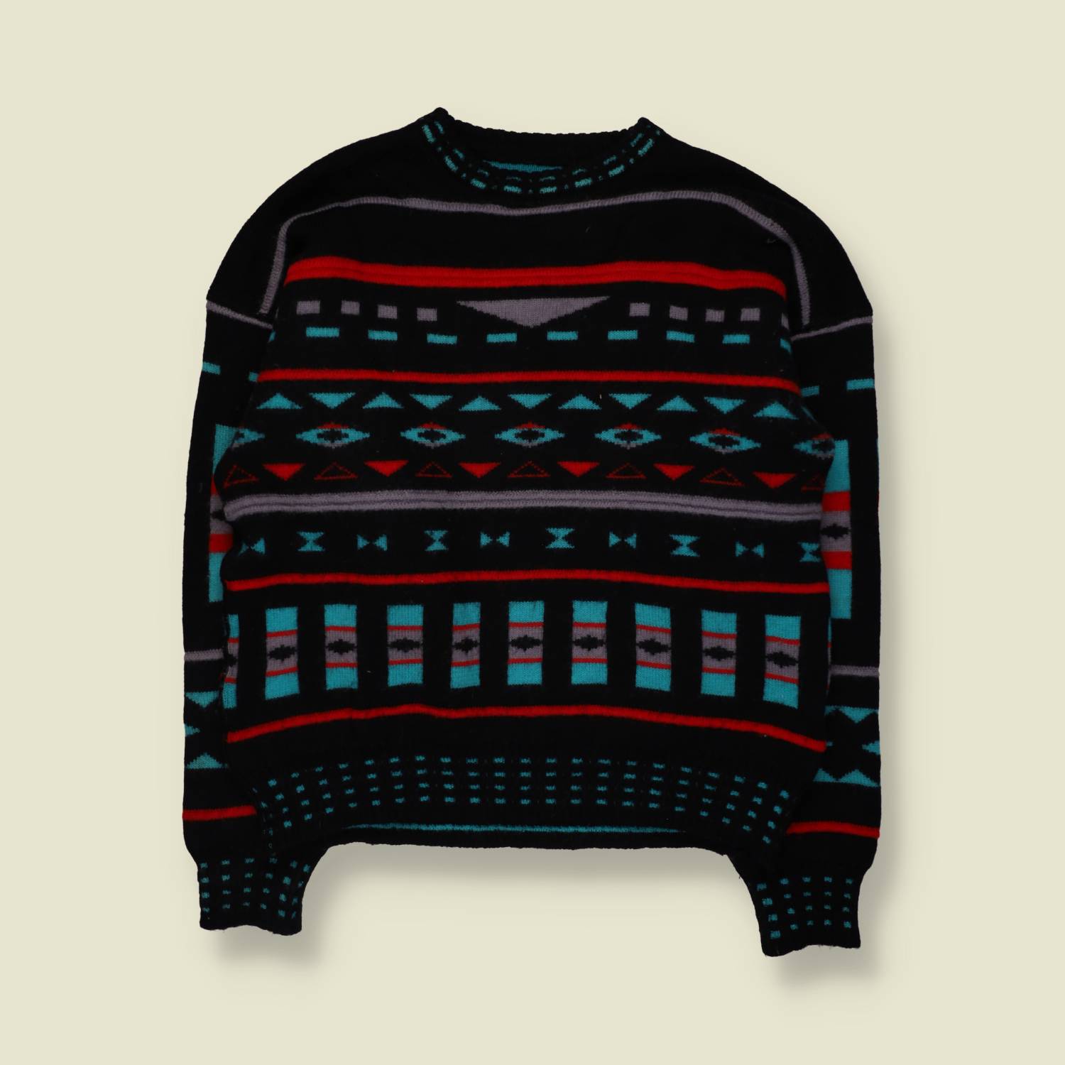 1980s | Wool Blend Reversible Aztec Pattern Jumper | Black Multi - M