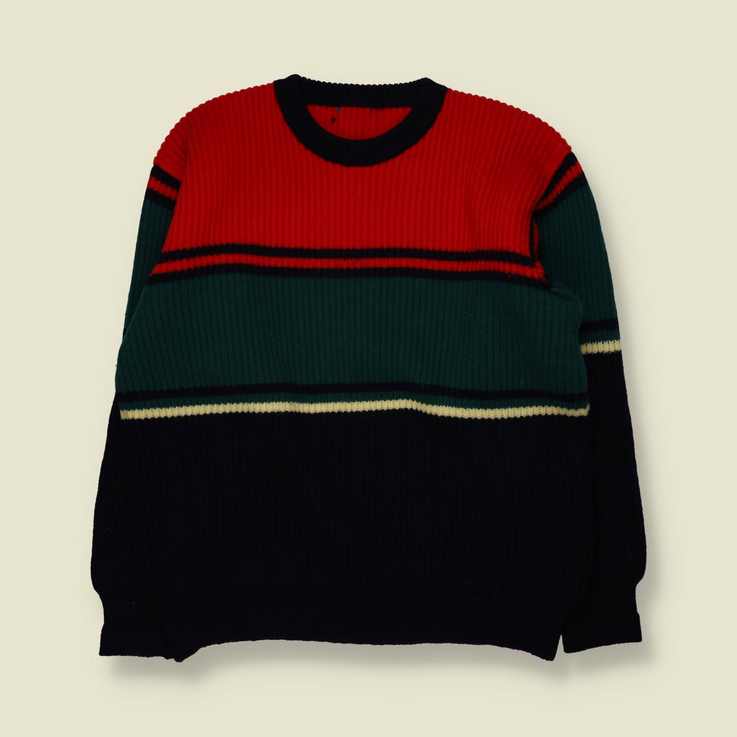 1980s | Wool Blend Colour Block Jumper | Red, Green & Navy - L