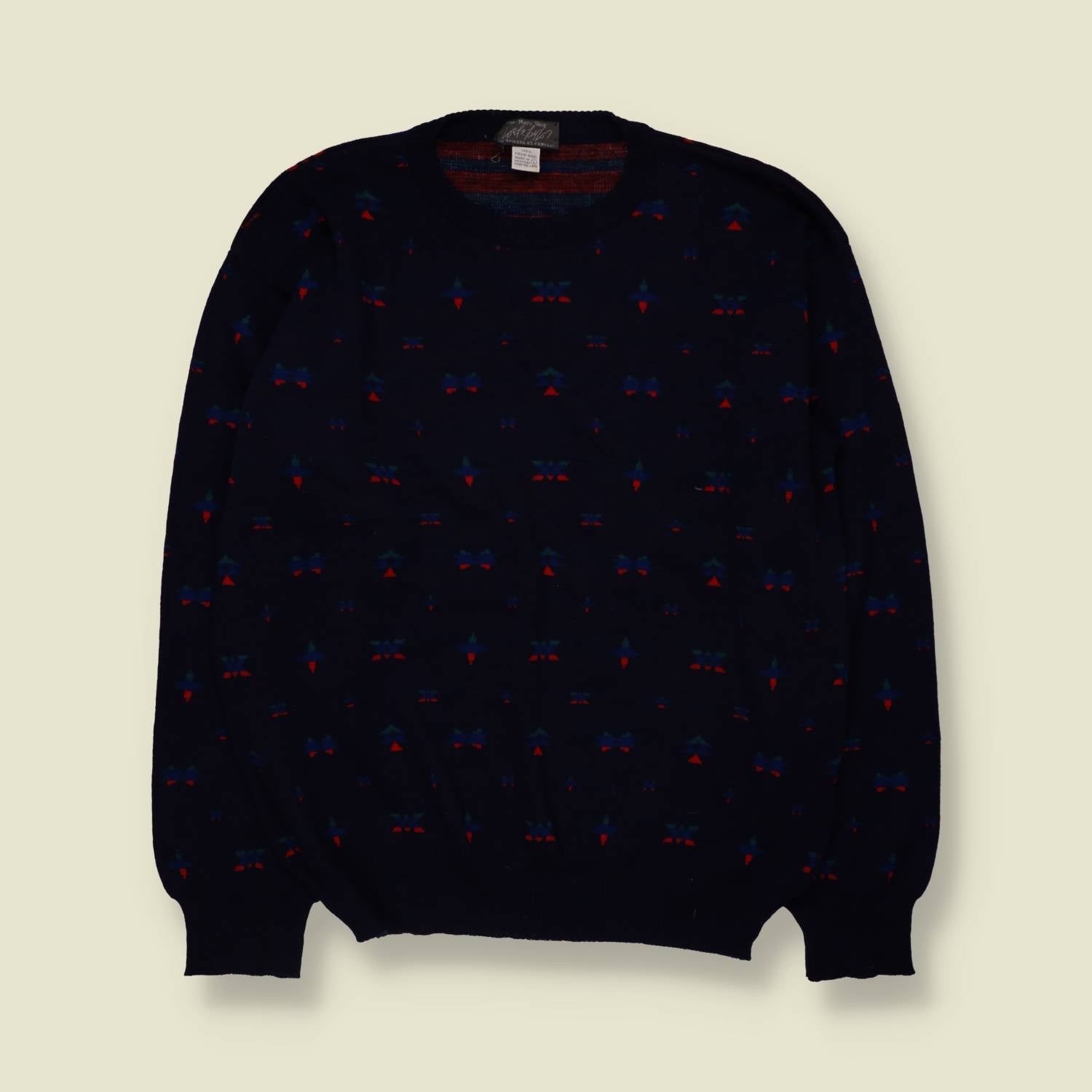 1980s | Wool Repeat Motif Jumper | Navy Multi - XL