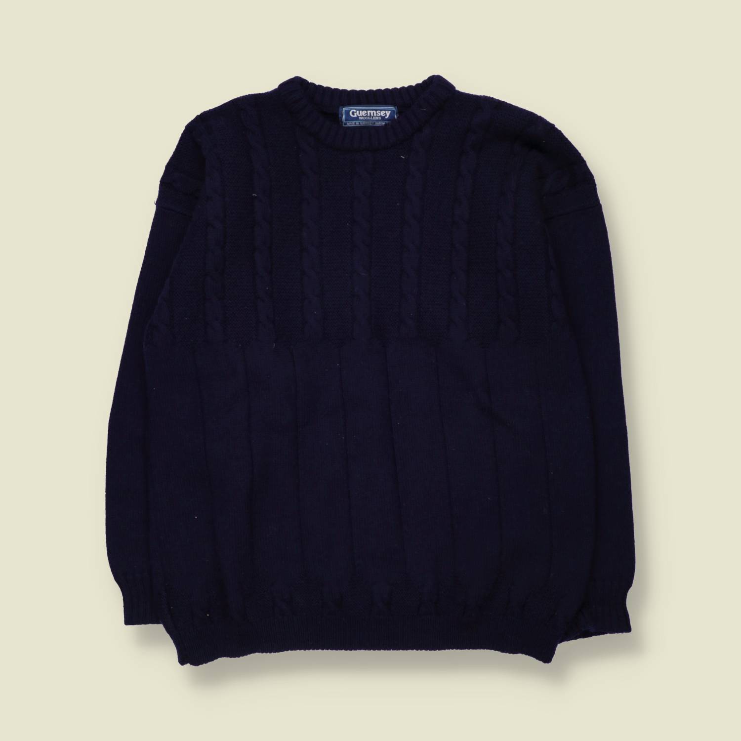 1970s | Guernsey Woollens | Wool Cable Knit Jumper | Navy - M