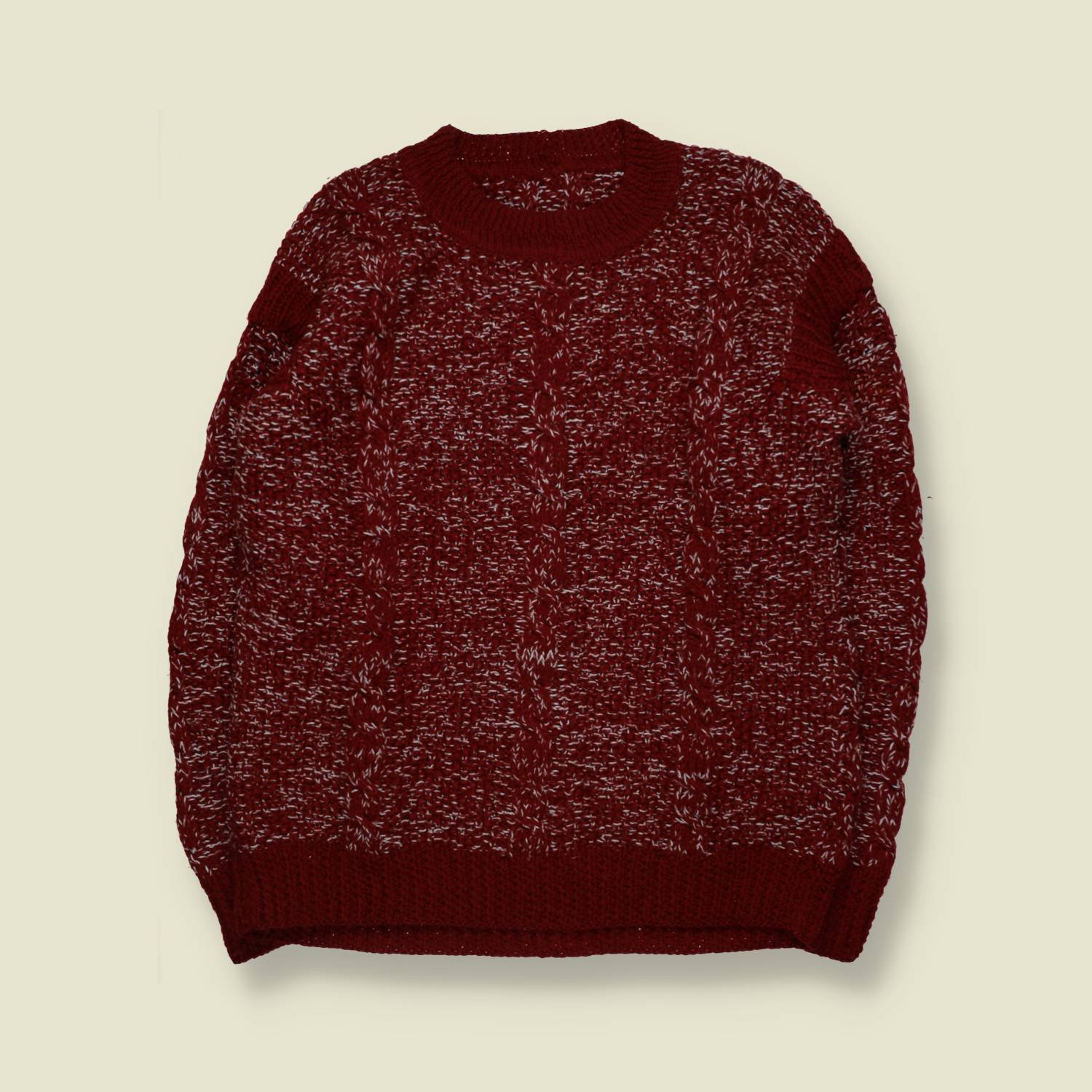 1970s | Handknit Wool Cable Jumper | Burgundy Marl - M