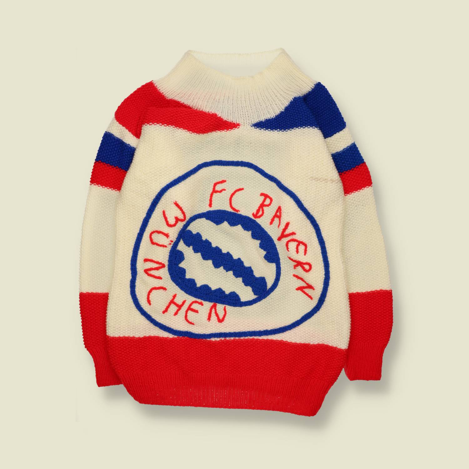 1970s | Handmade FC Bayern München Fan Jumper | Cream, Red & Blue - S