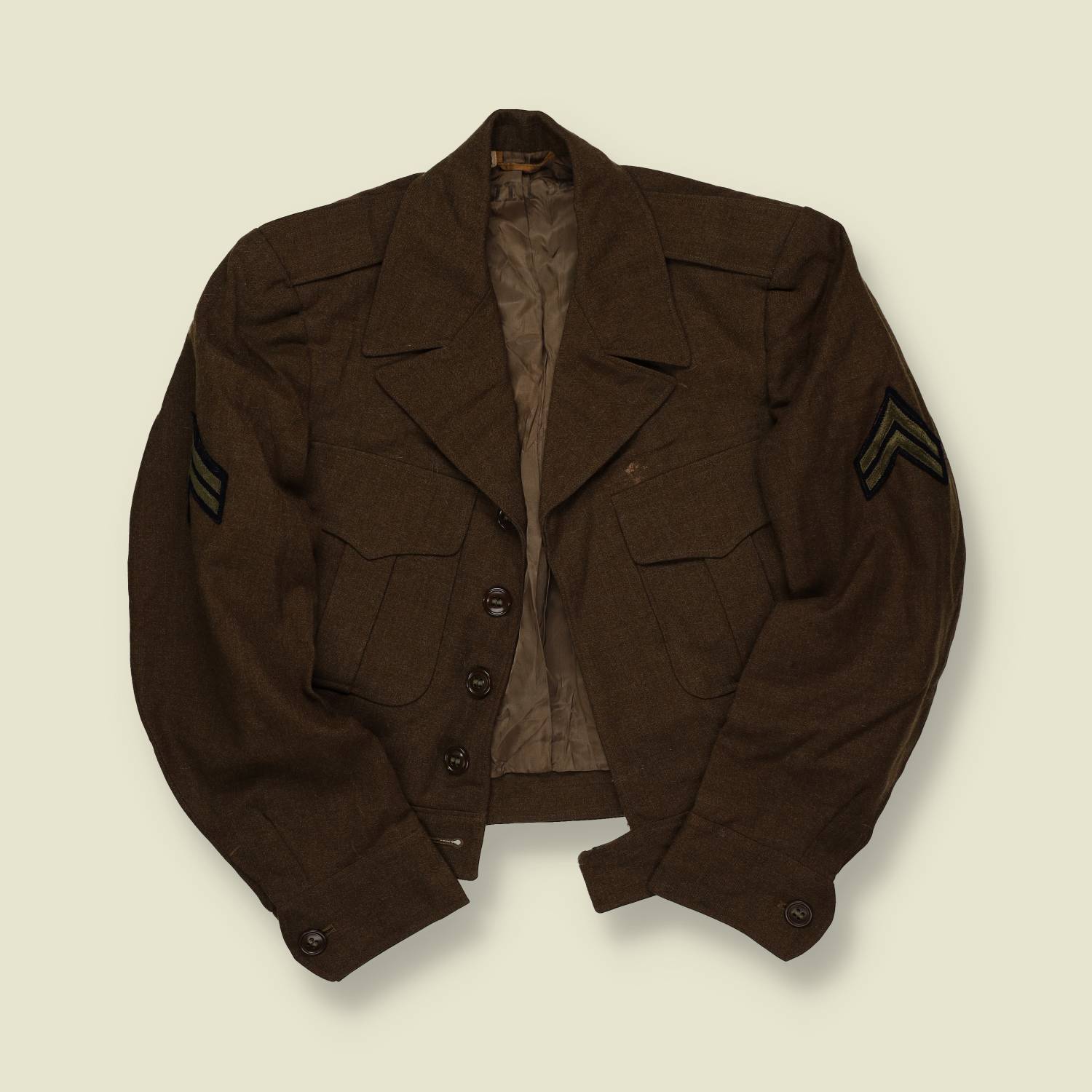 1940s WWII U.S. Army Enlisted Ike Jacket – Wool Serge with Corporal Chevrons - S