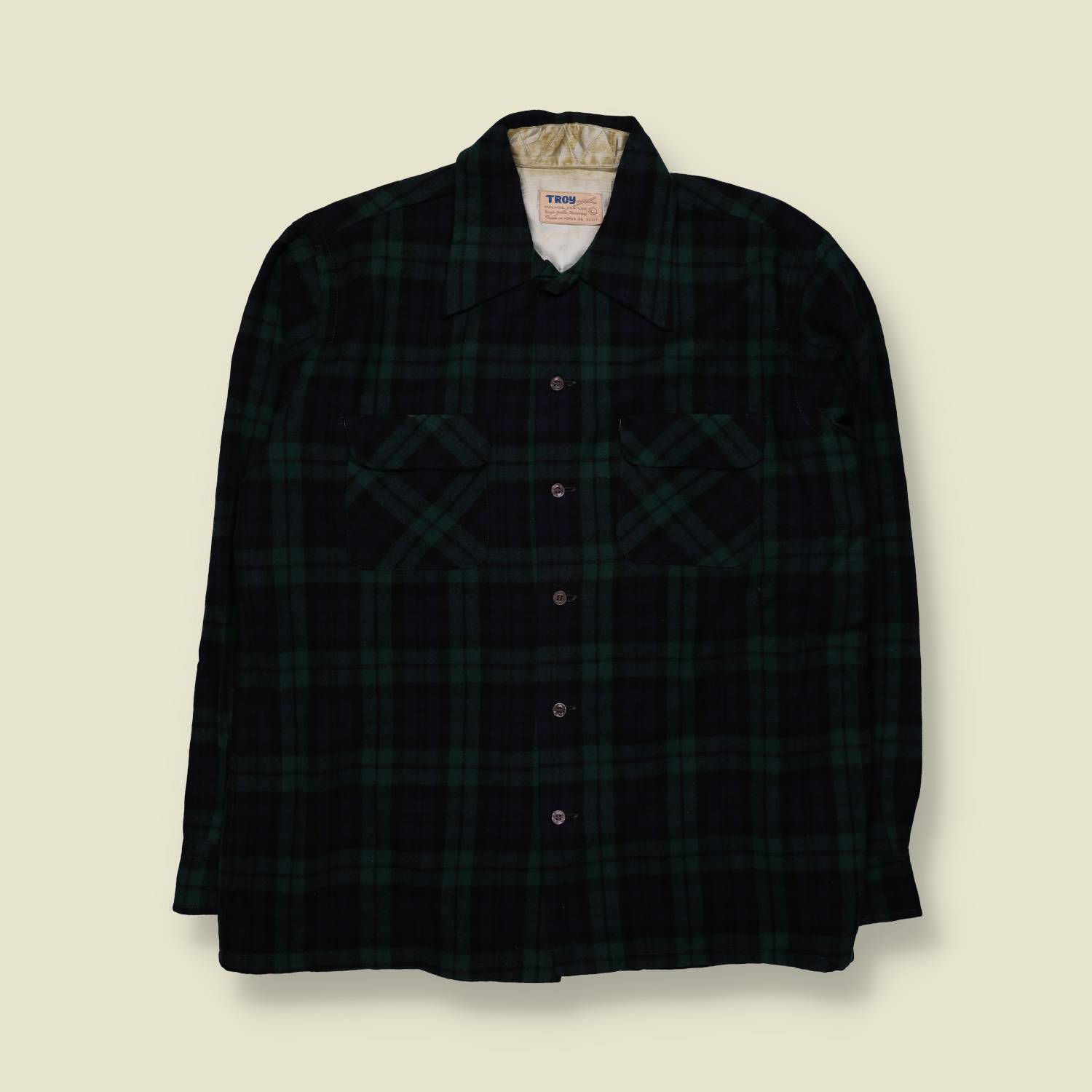 1970s | Troy | Plaid Wool Shirt | Green & Navy – XXL