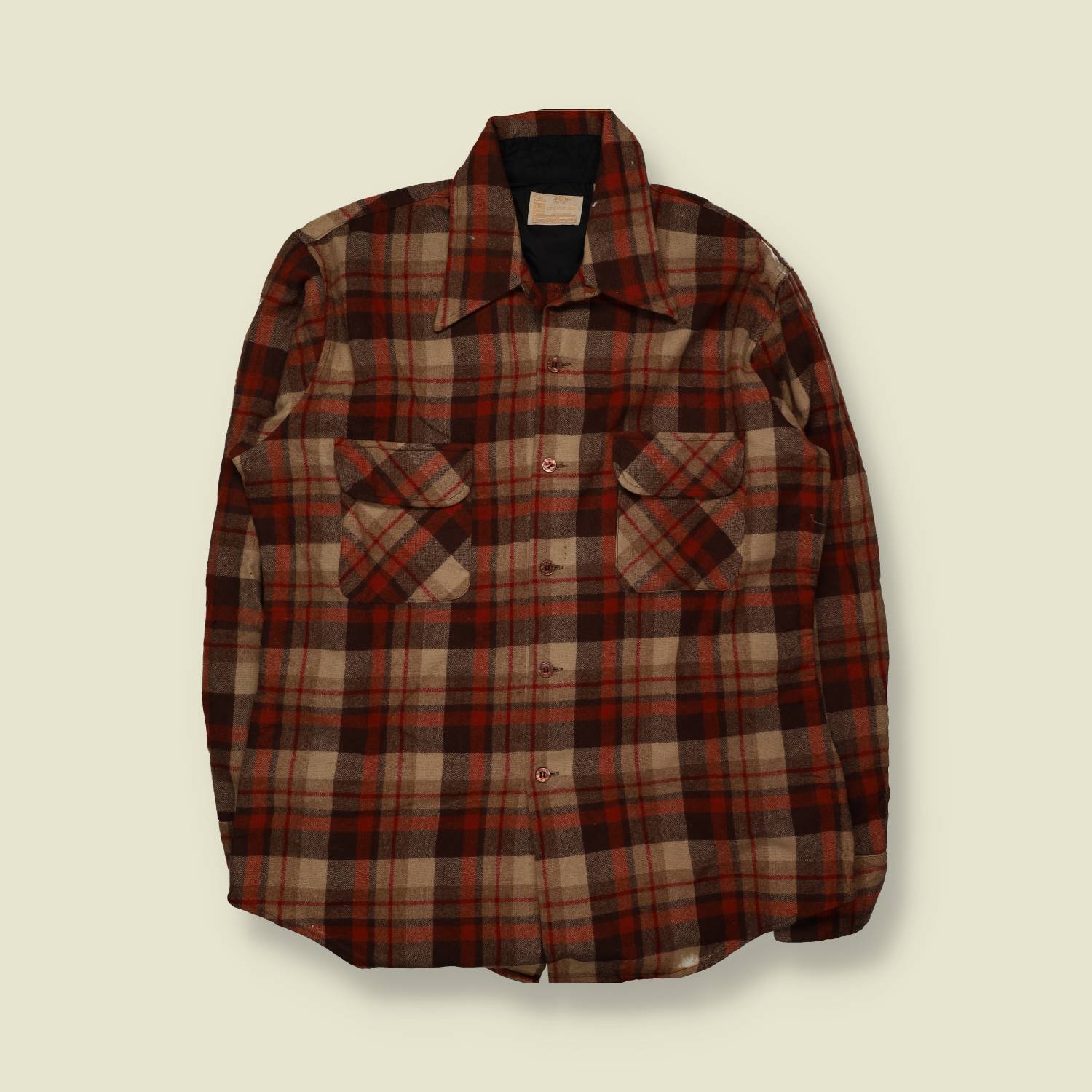 1970s | Kings Road By Sears | Plaid Wool Shirt | Red & Tan – XXL