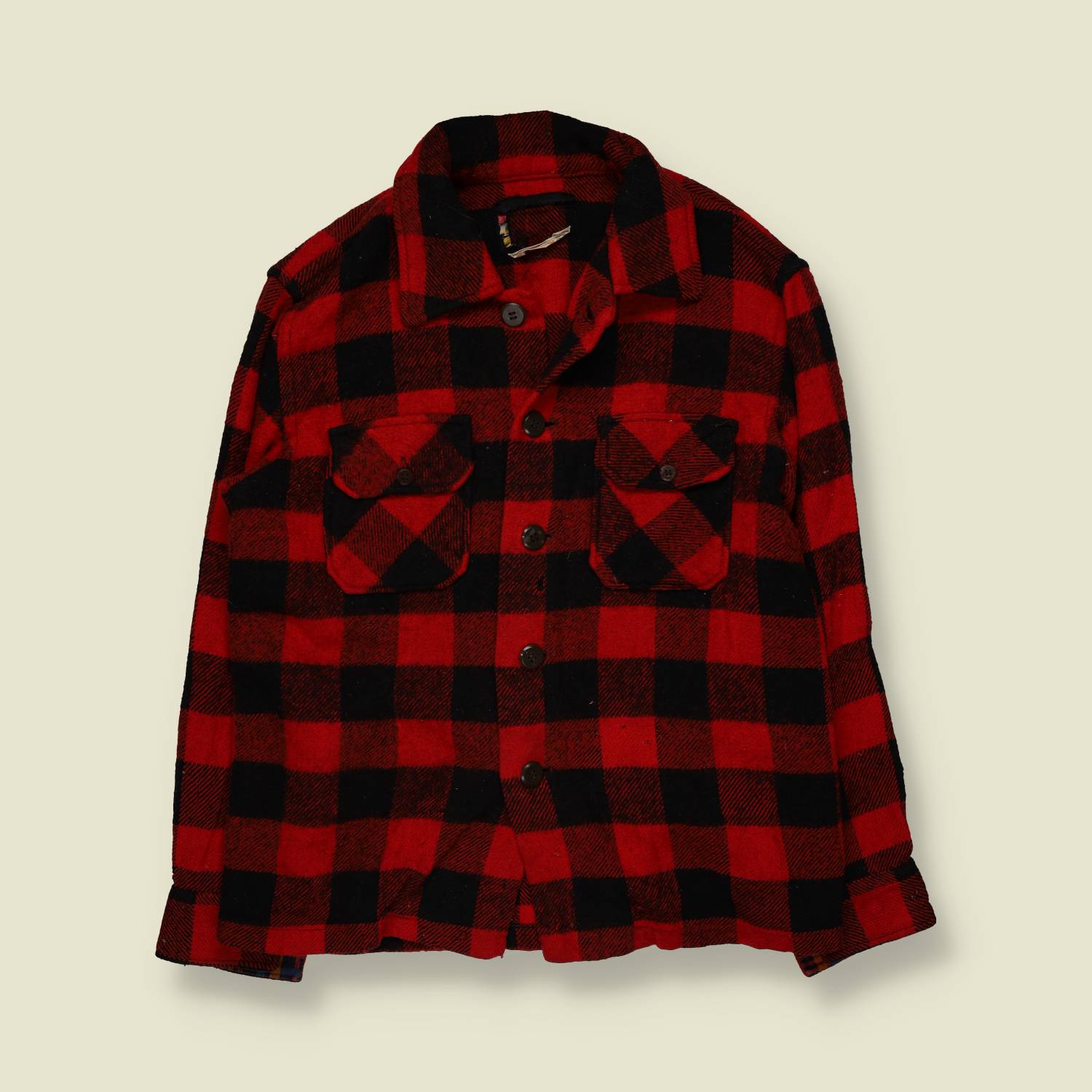 1970s | Buffalo Plaid | Wool Blend Overshirt | Red & Black – S
